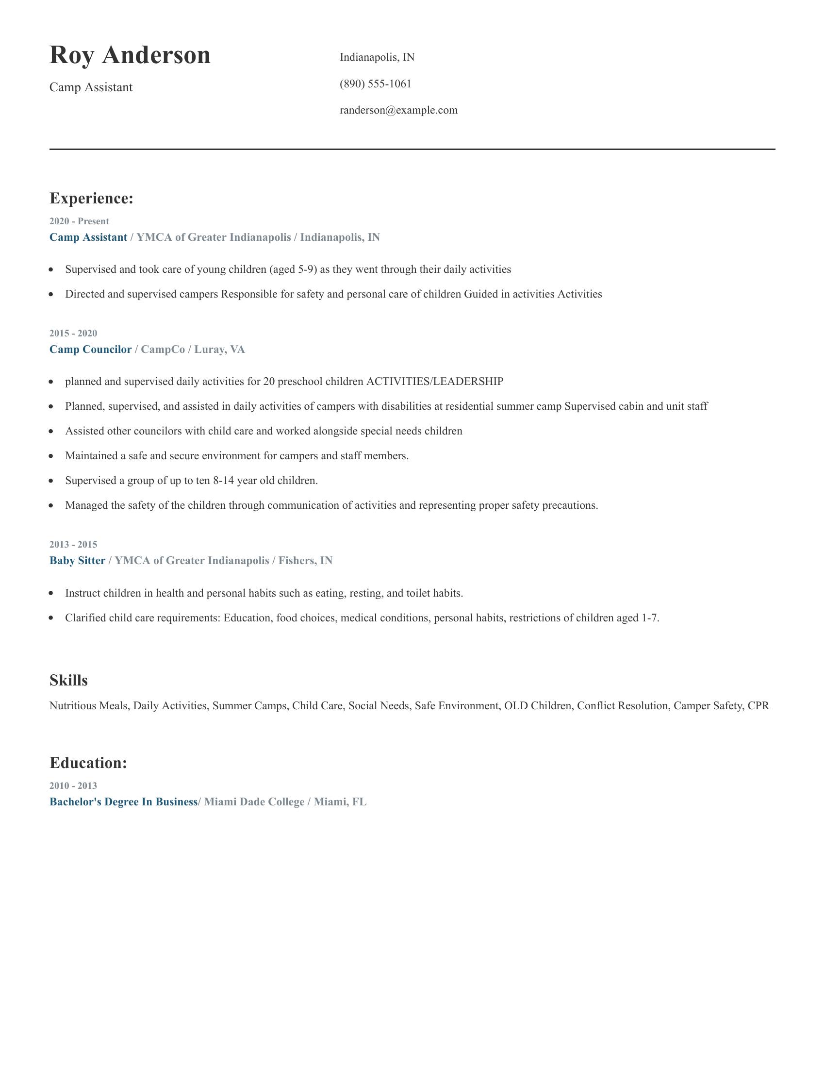 Camp Assistant resume example