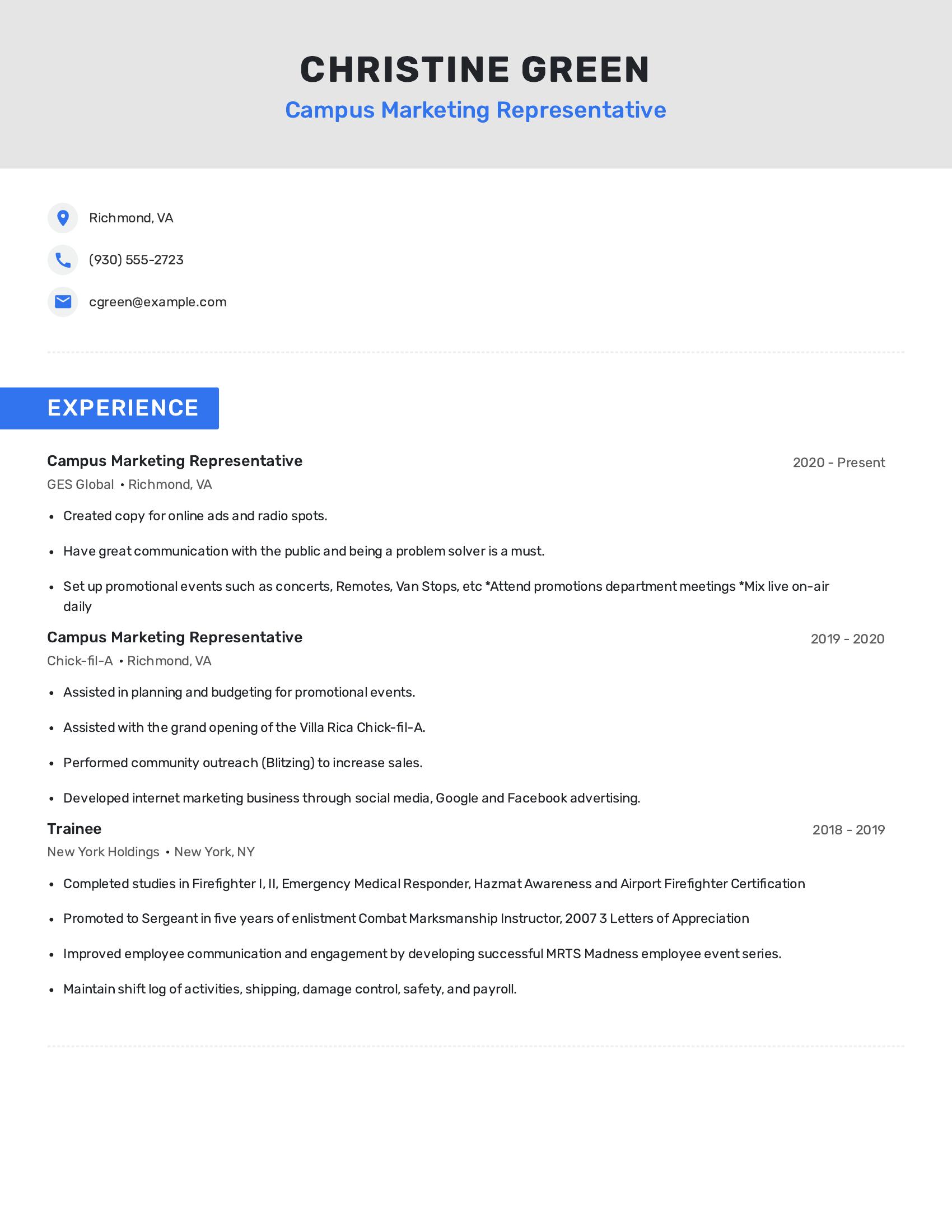 Campus Marketing Representative resume example