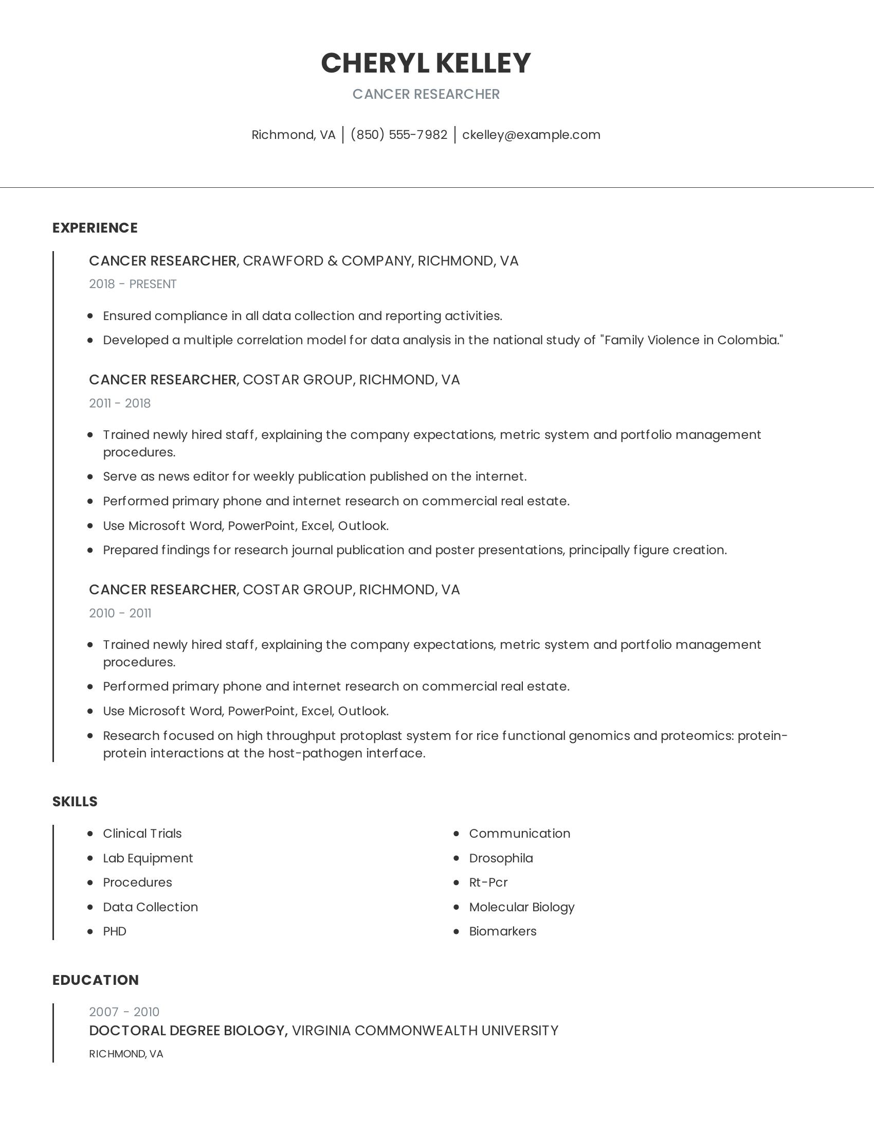 Cancer Researcher resume example