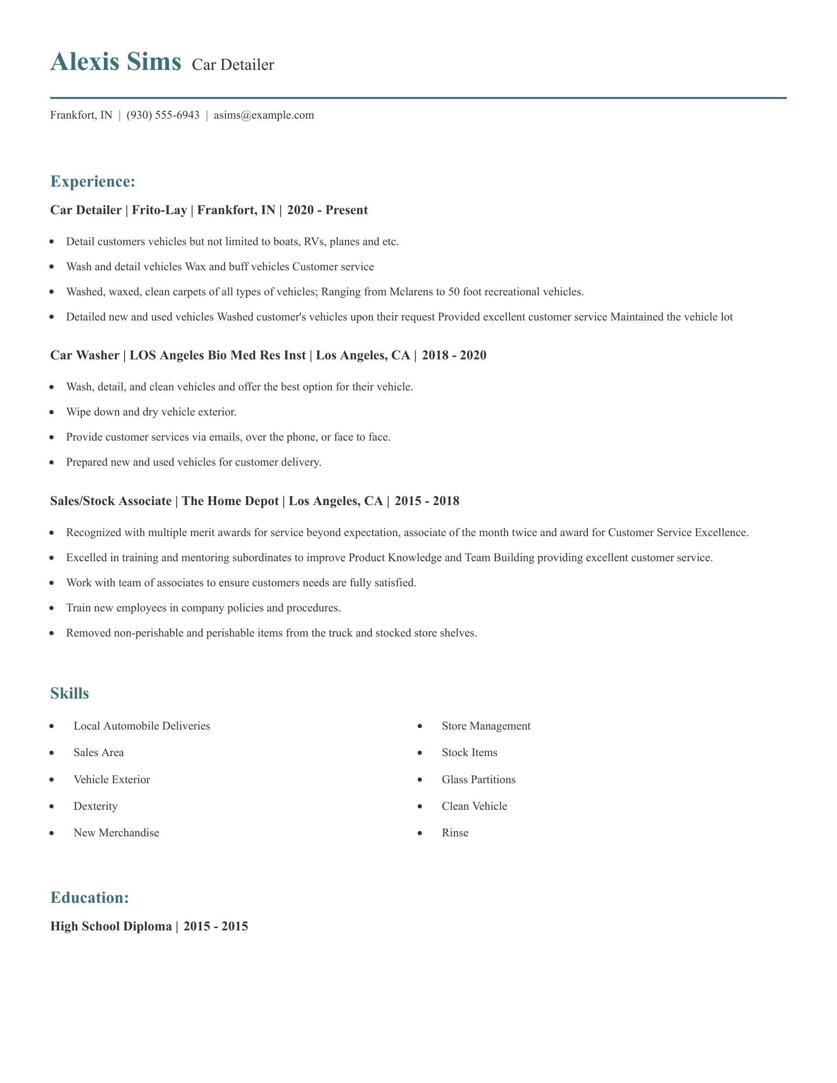 Car Detailer resume example