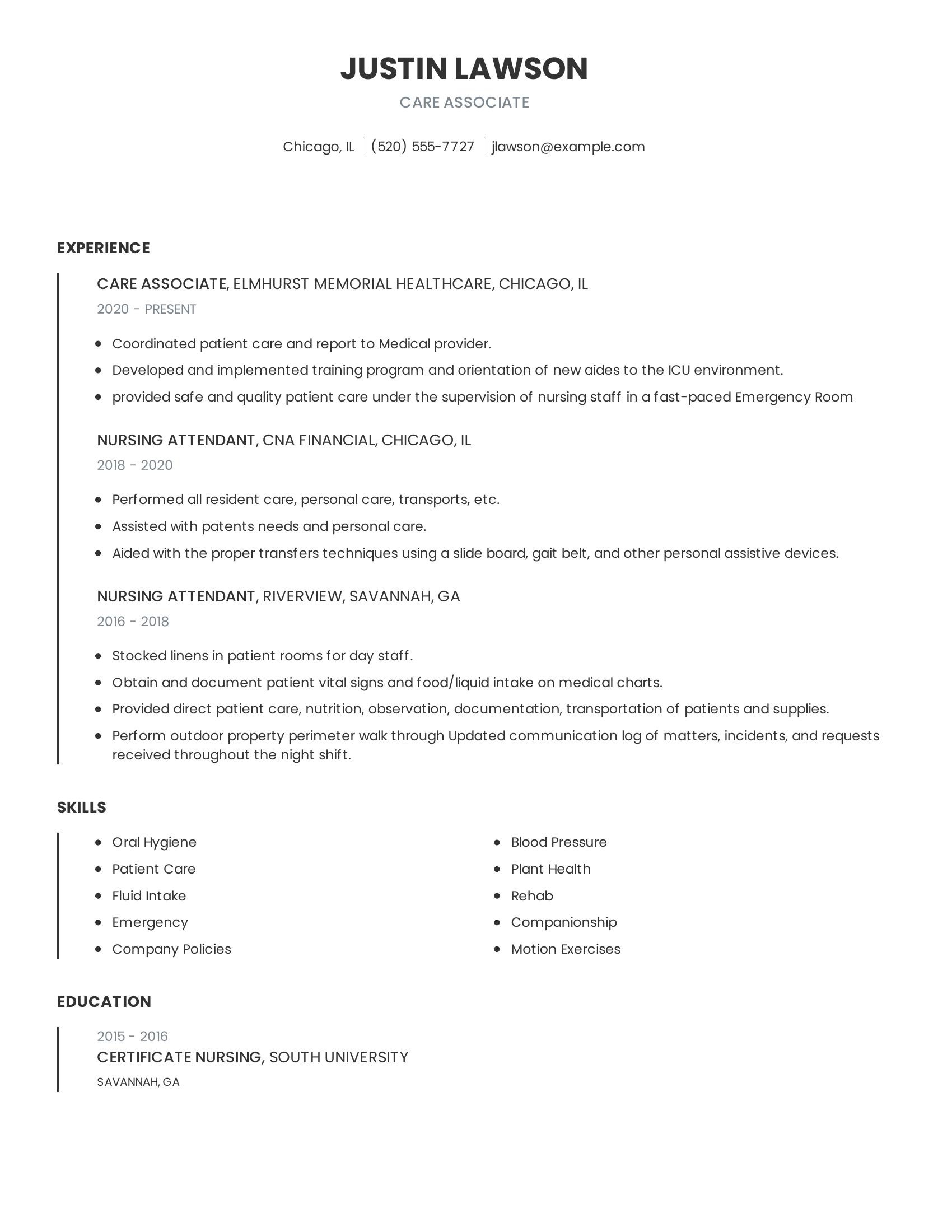 Care Associate resume example