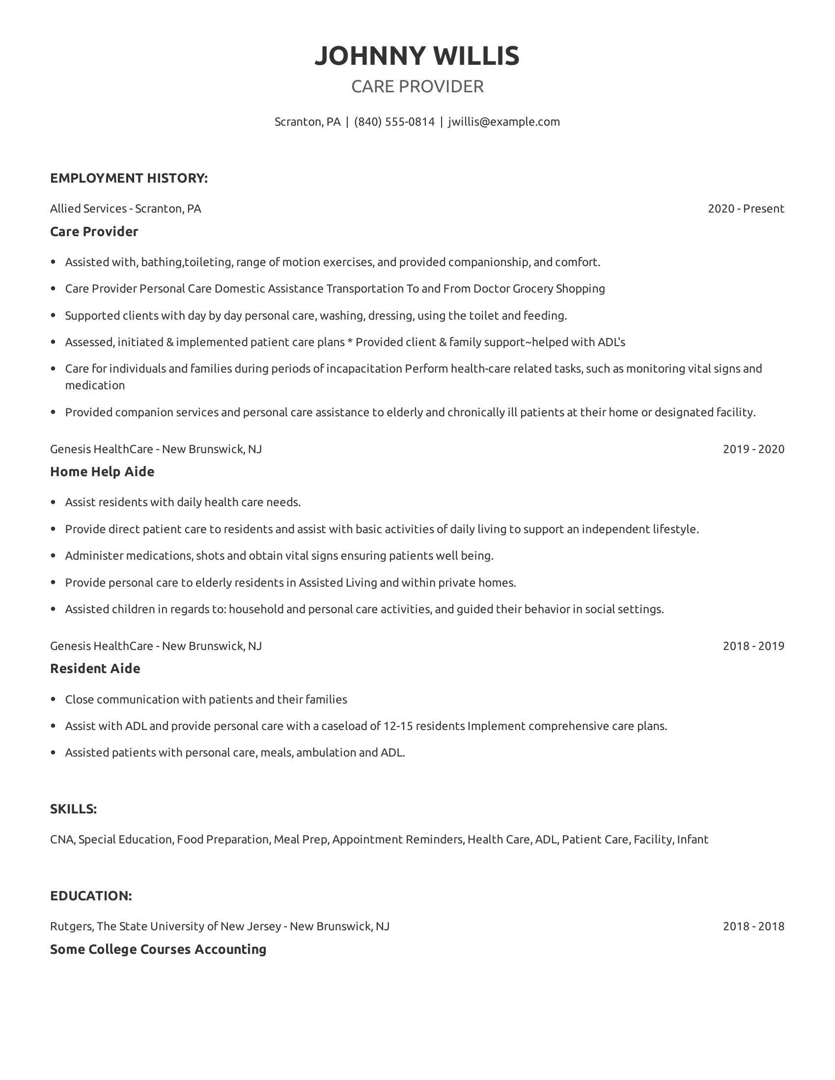 Care Provider resume example