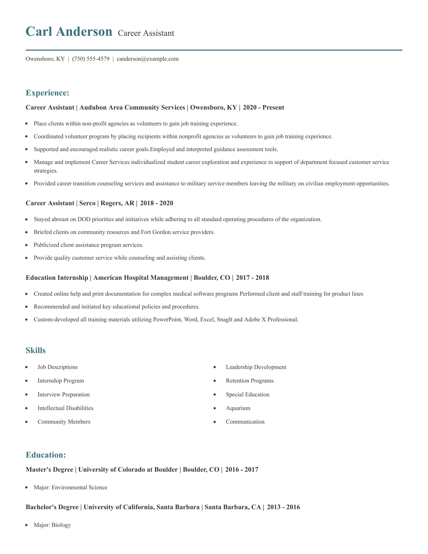 Career Assistant resume example