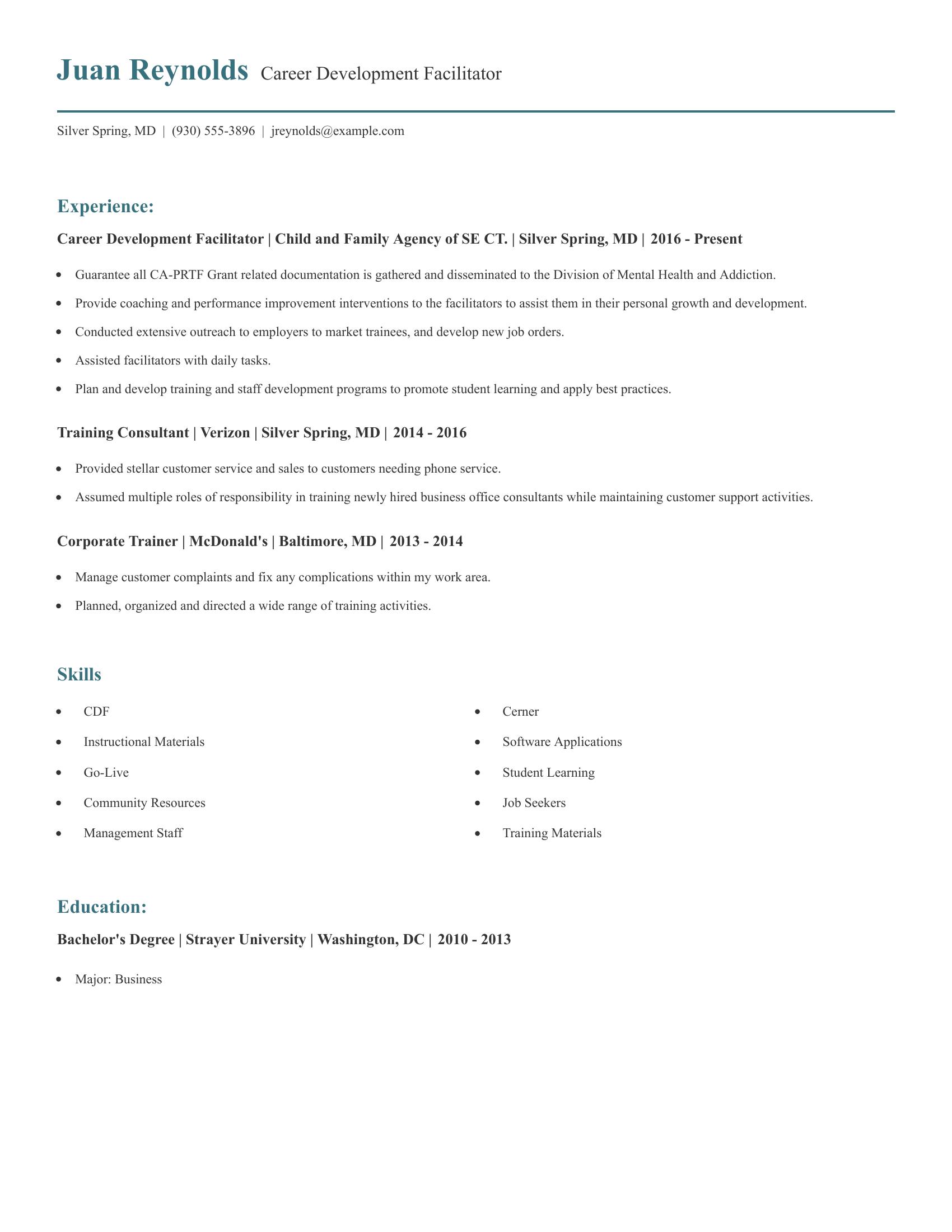 Career Development Facilitator resume example