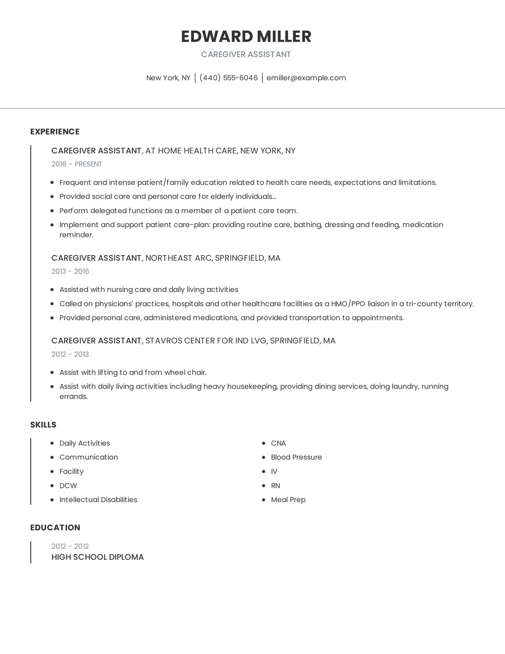 Caregiver Assistant resume example