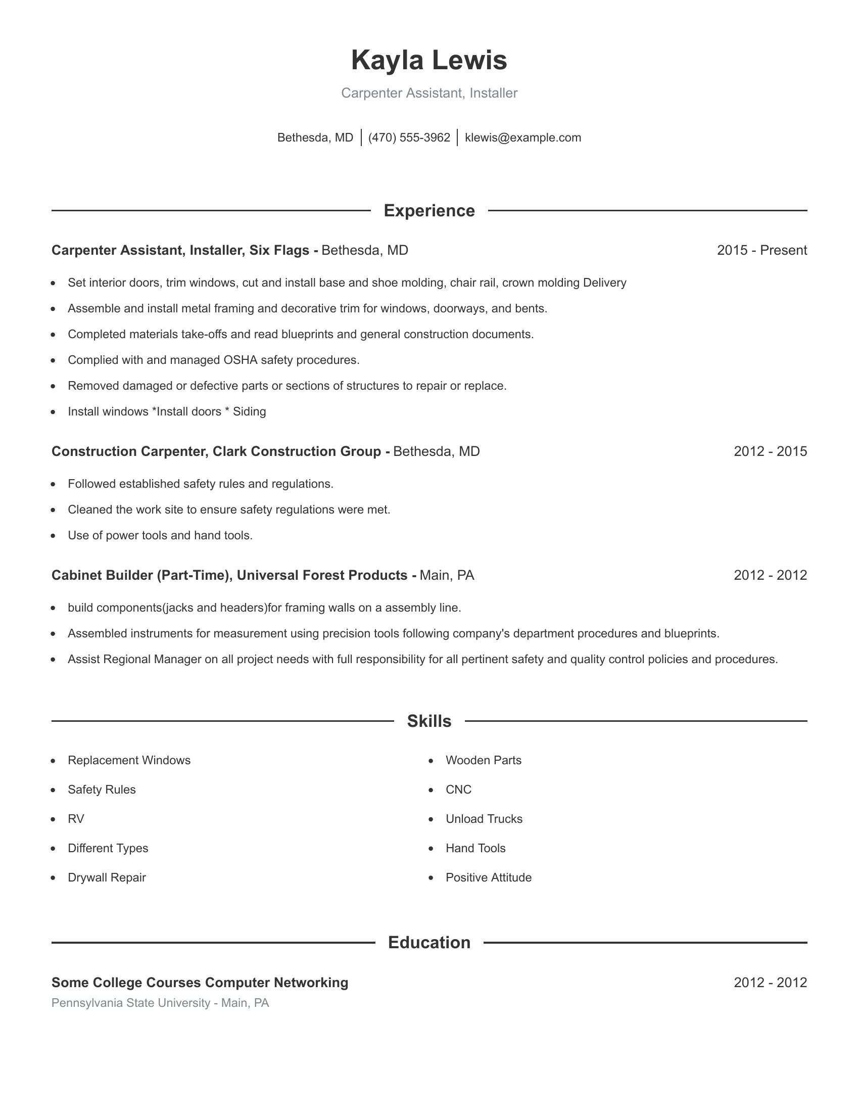 Carpenter Assistant, Installer resume example