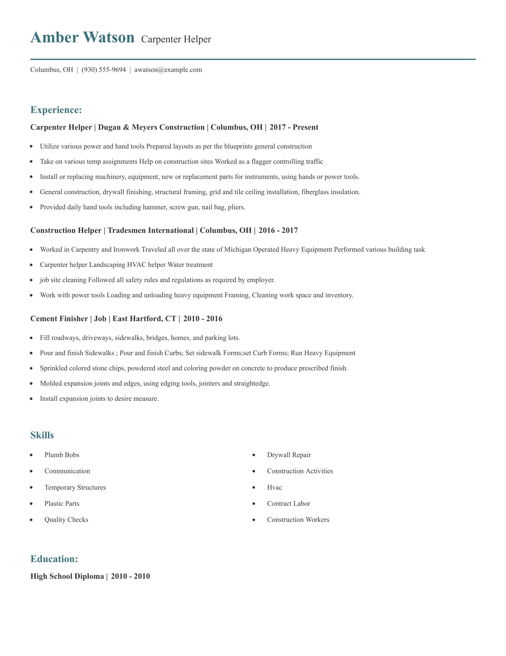 Carpenter Helper resume example