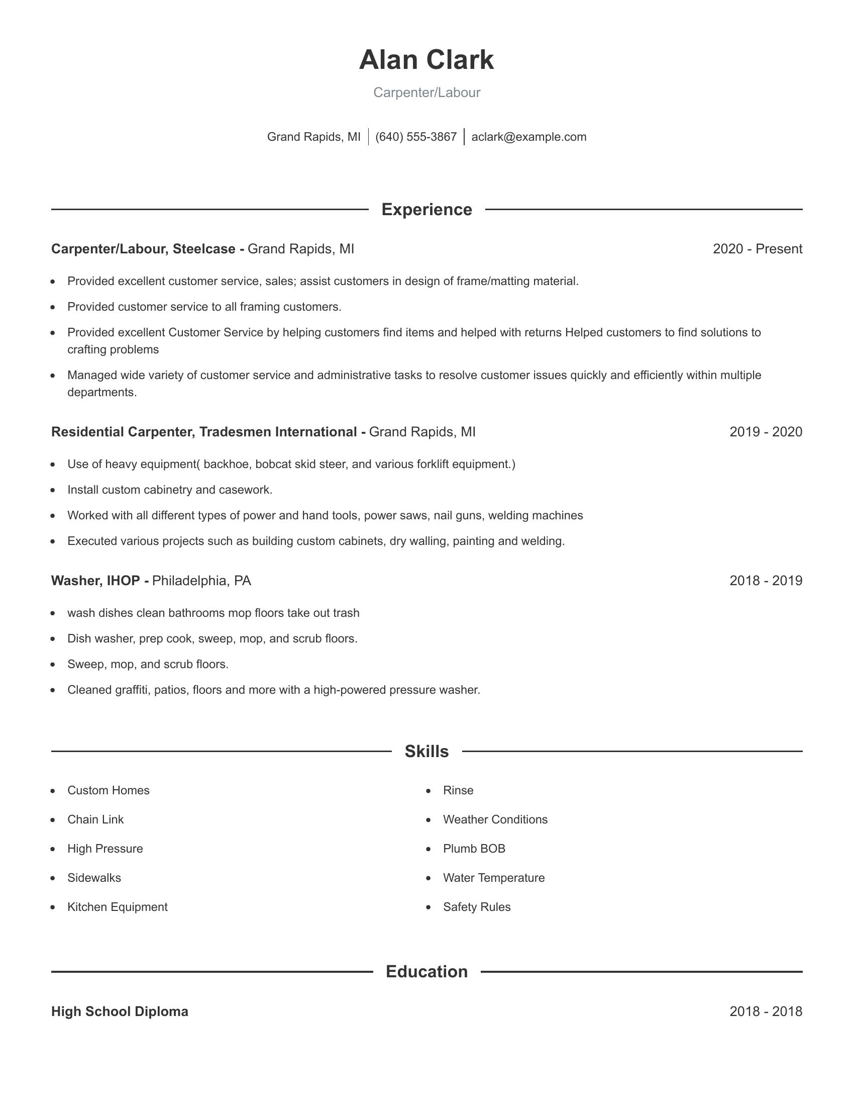 Carpenter/Labour resume example