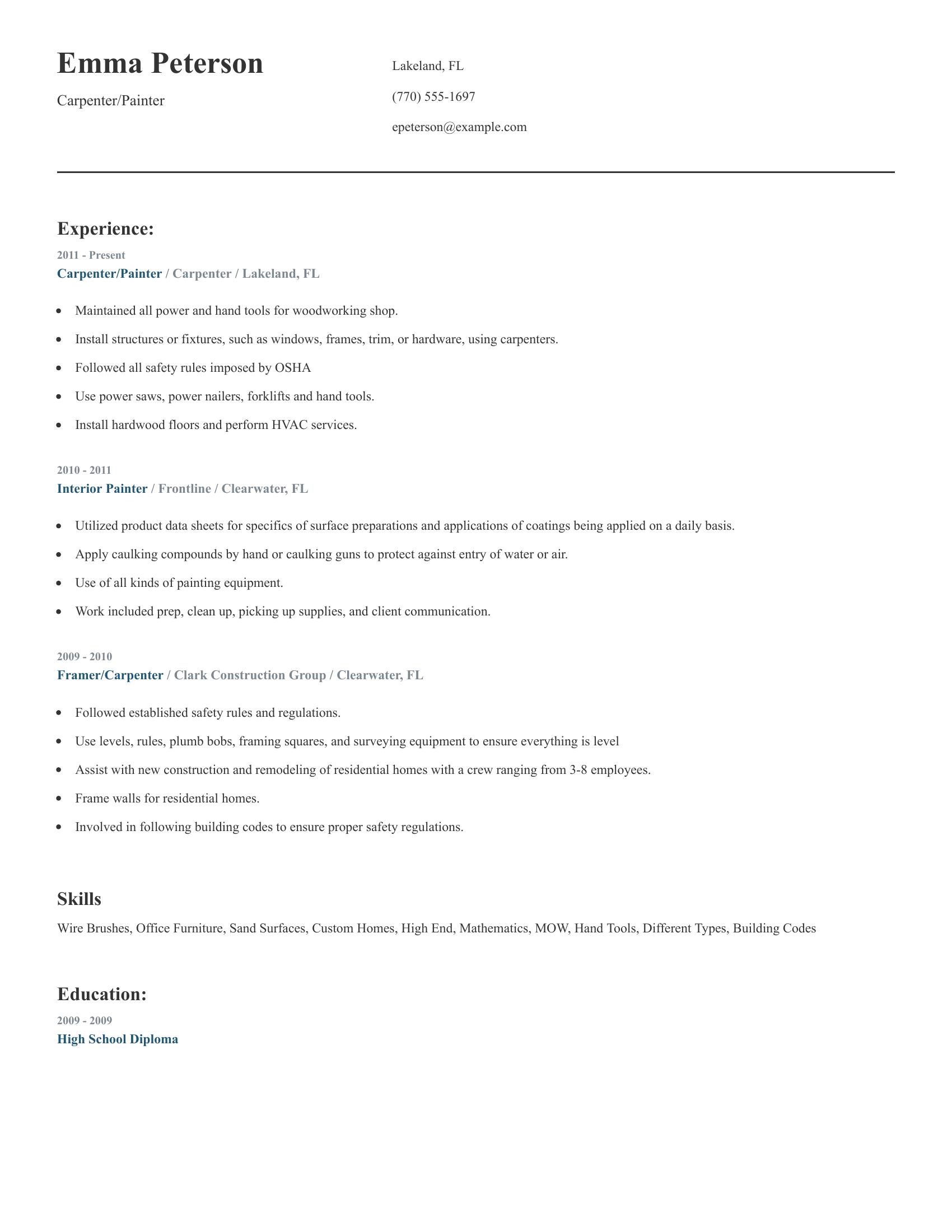 Carpenter/Painter resume example