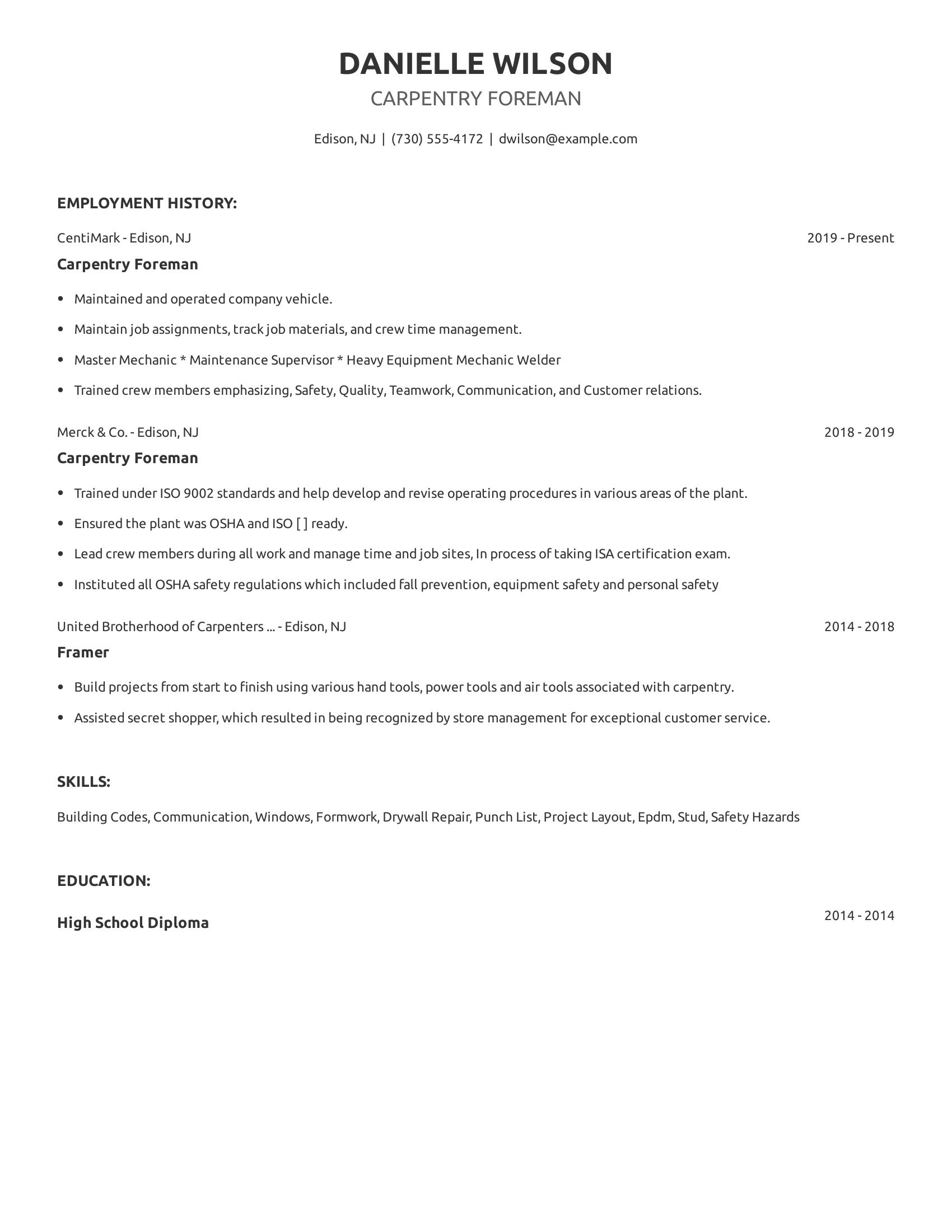 Carpentry Foreman resume example