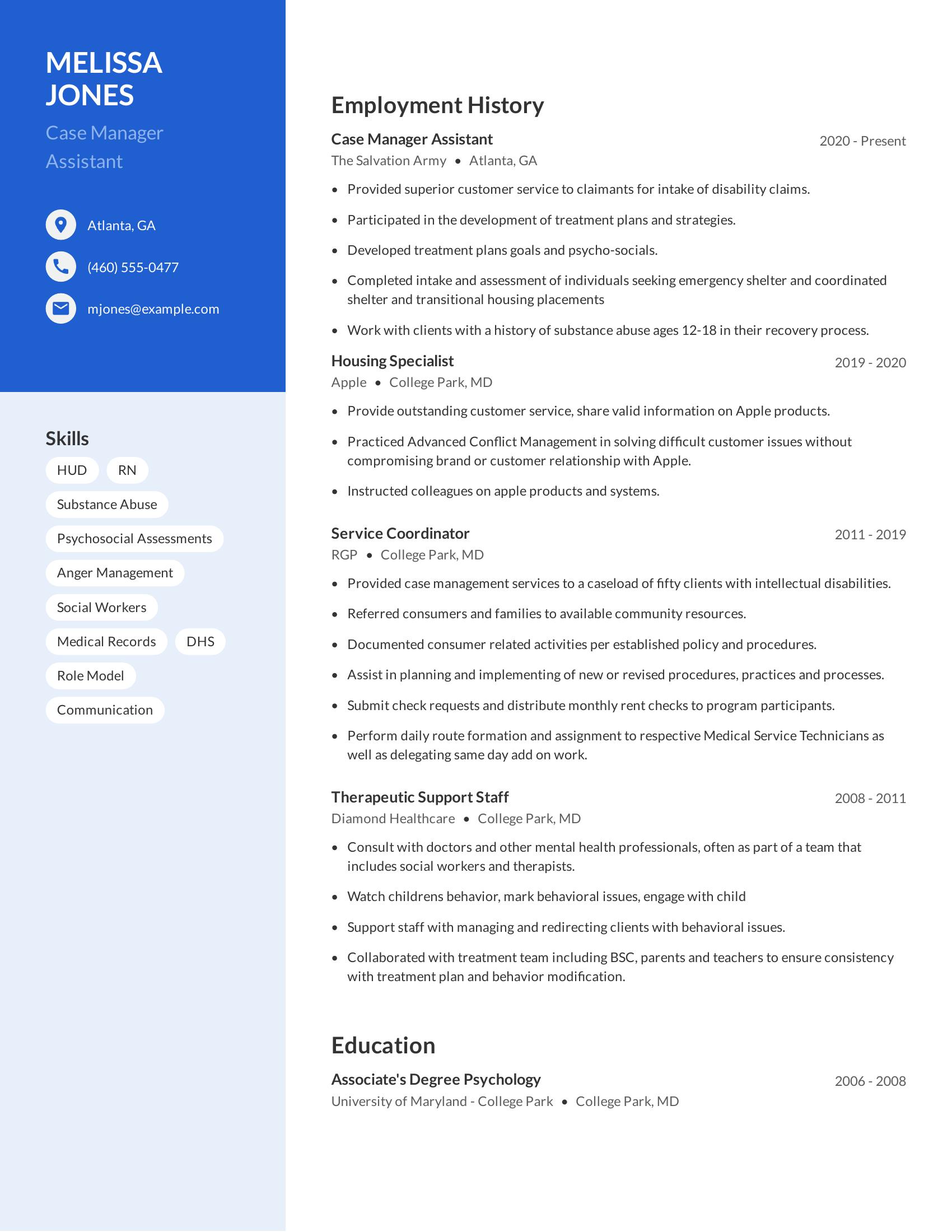 Case Manager Assistant resume example