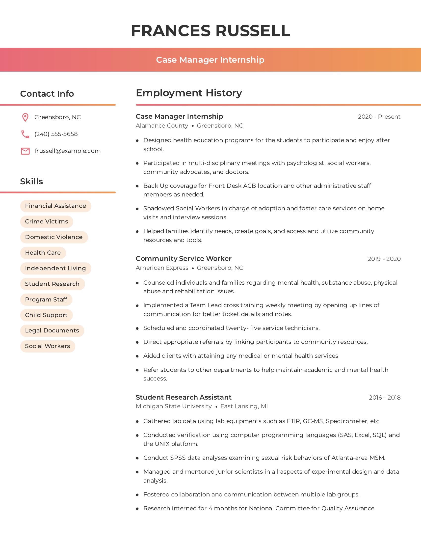 Case Manager Internship resume example