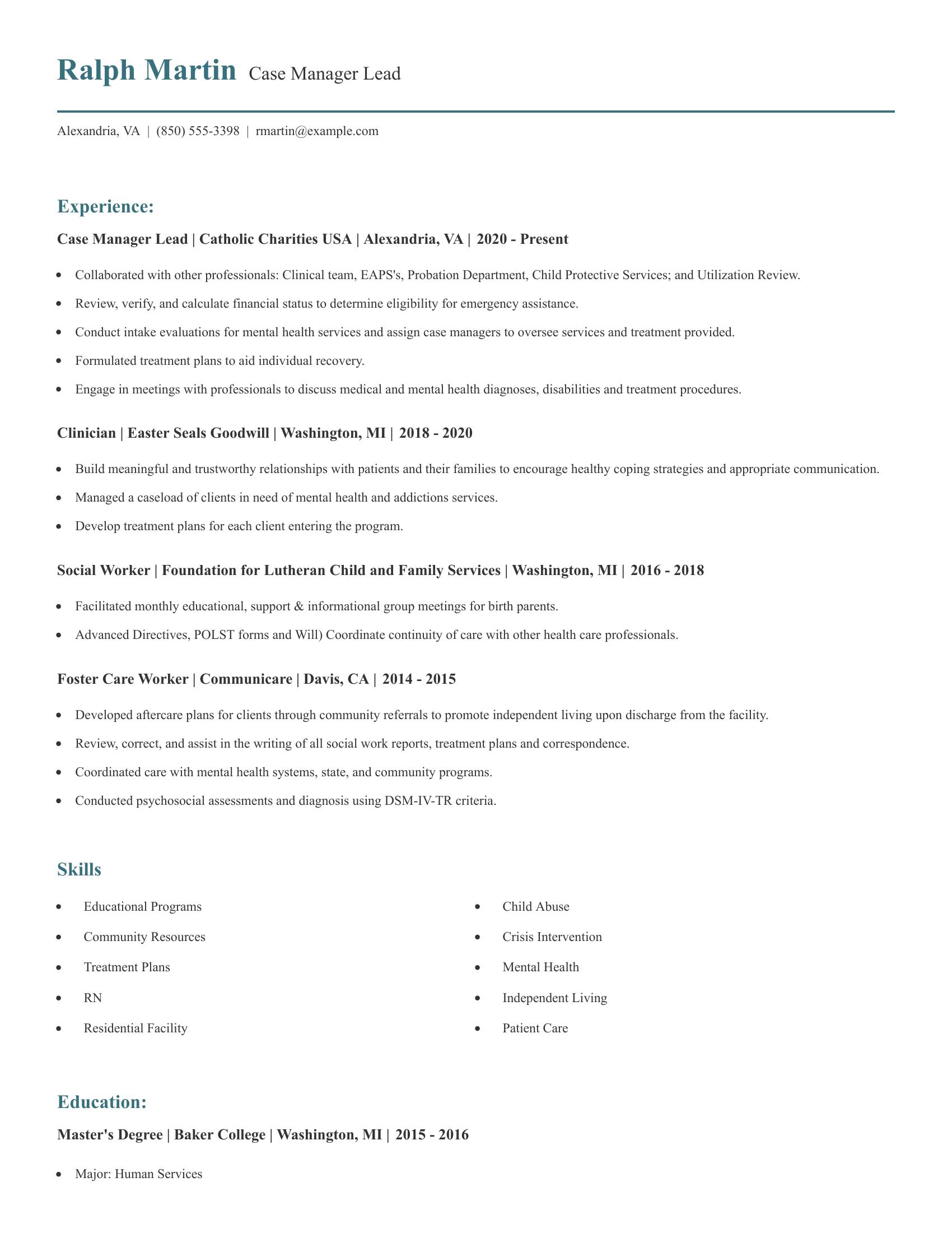 Case Manager Lead resume example