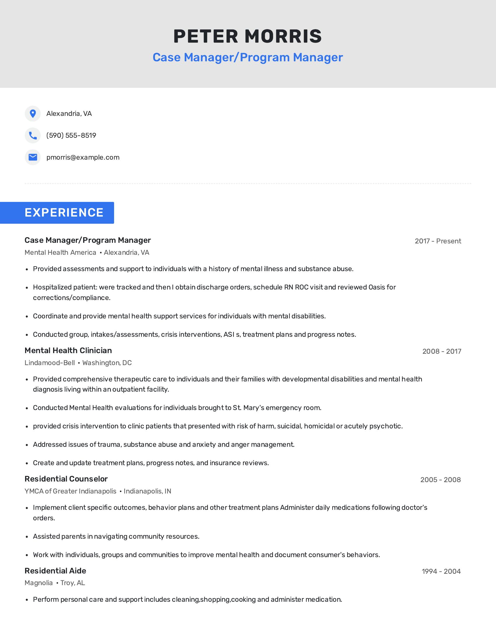 Case Manager/Program Manager resume example