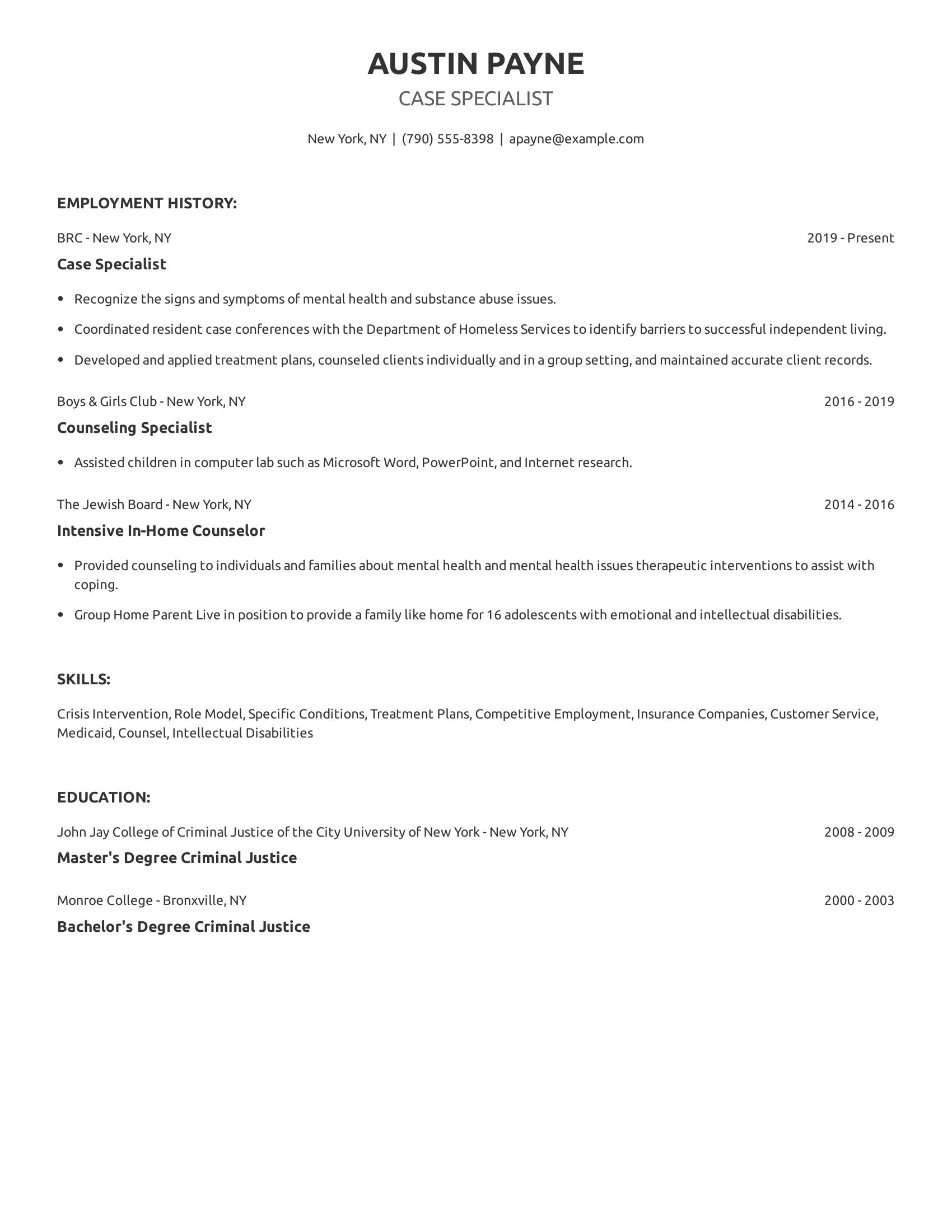 Case Specialist resume example