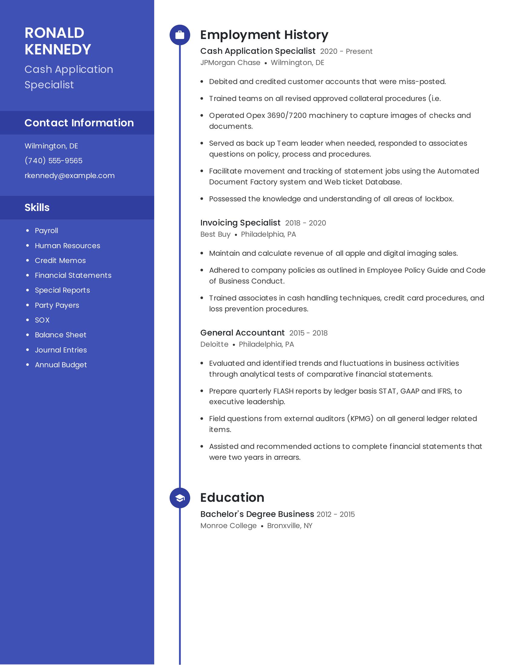 Cash Application Specialist resume example