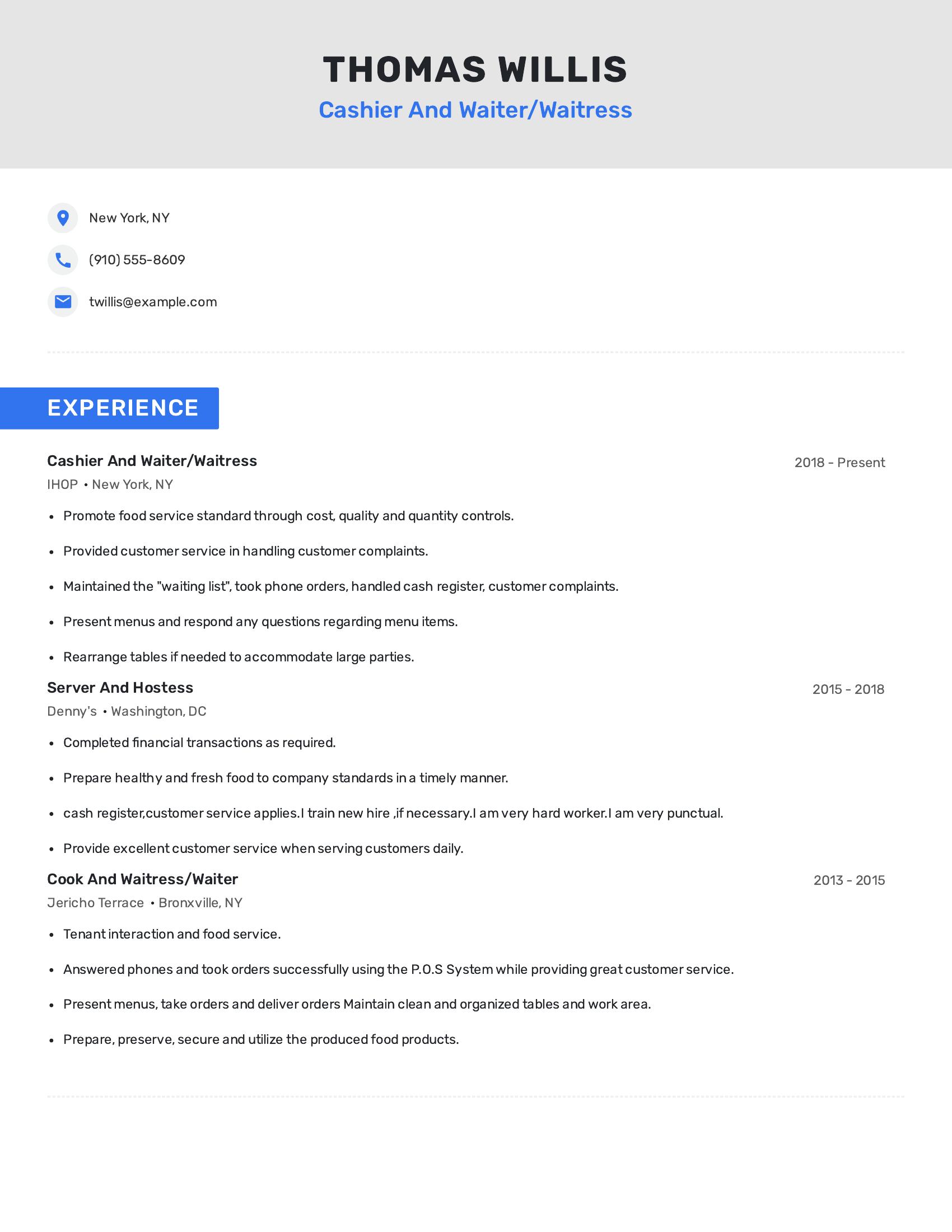 Cashier And Waiter/Waitress resume example