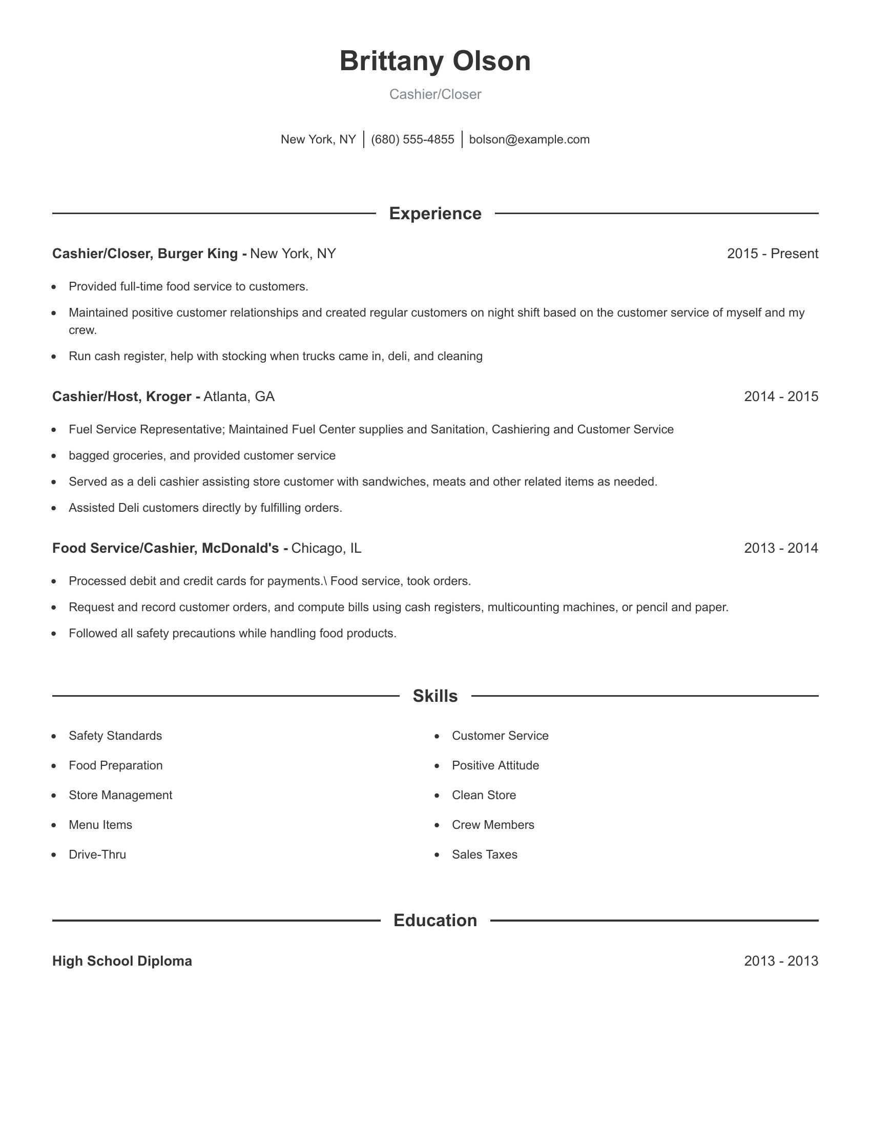 Cashier/Closer resume example