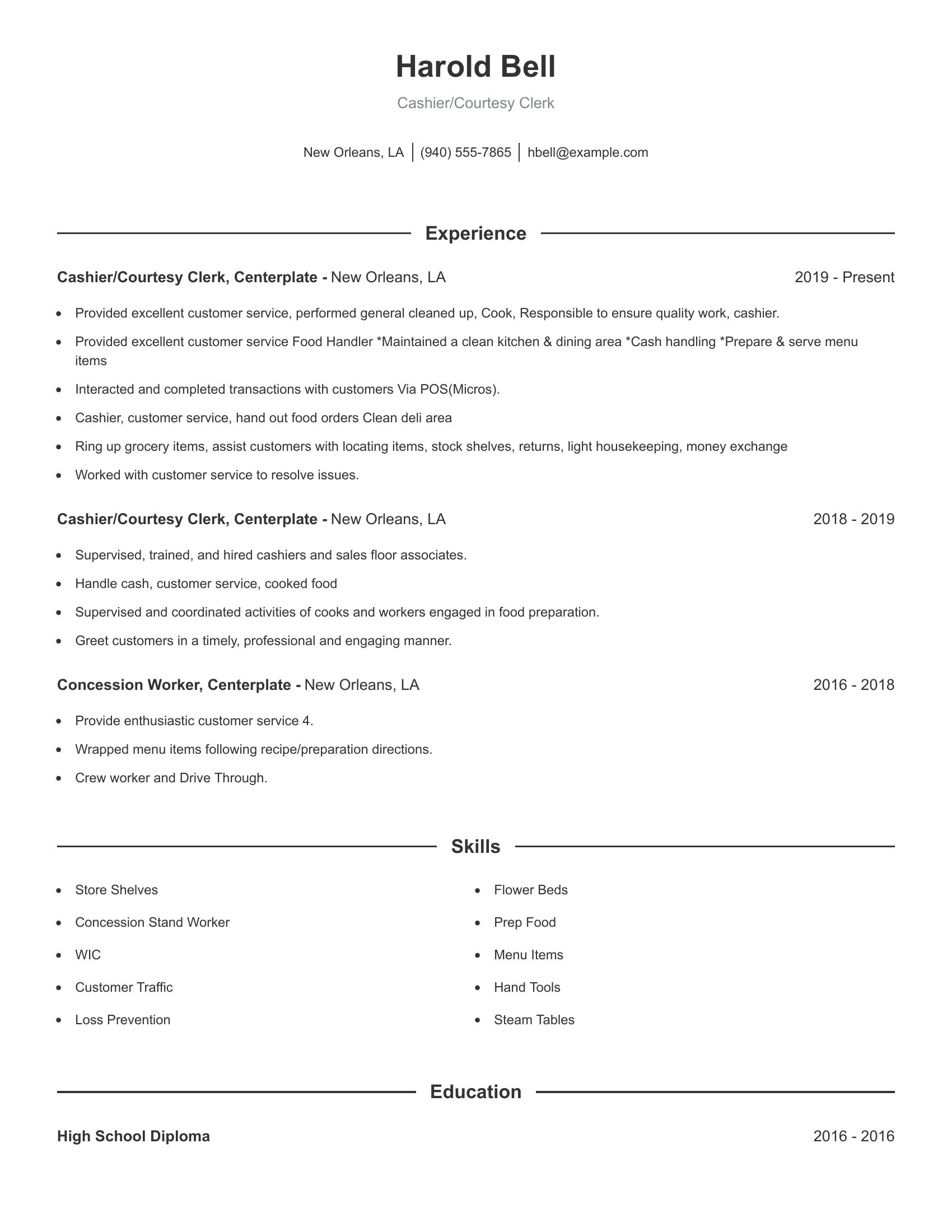 Cashier/Courtesy Clerk resume example