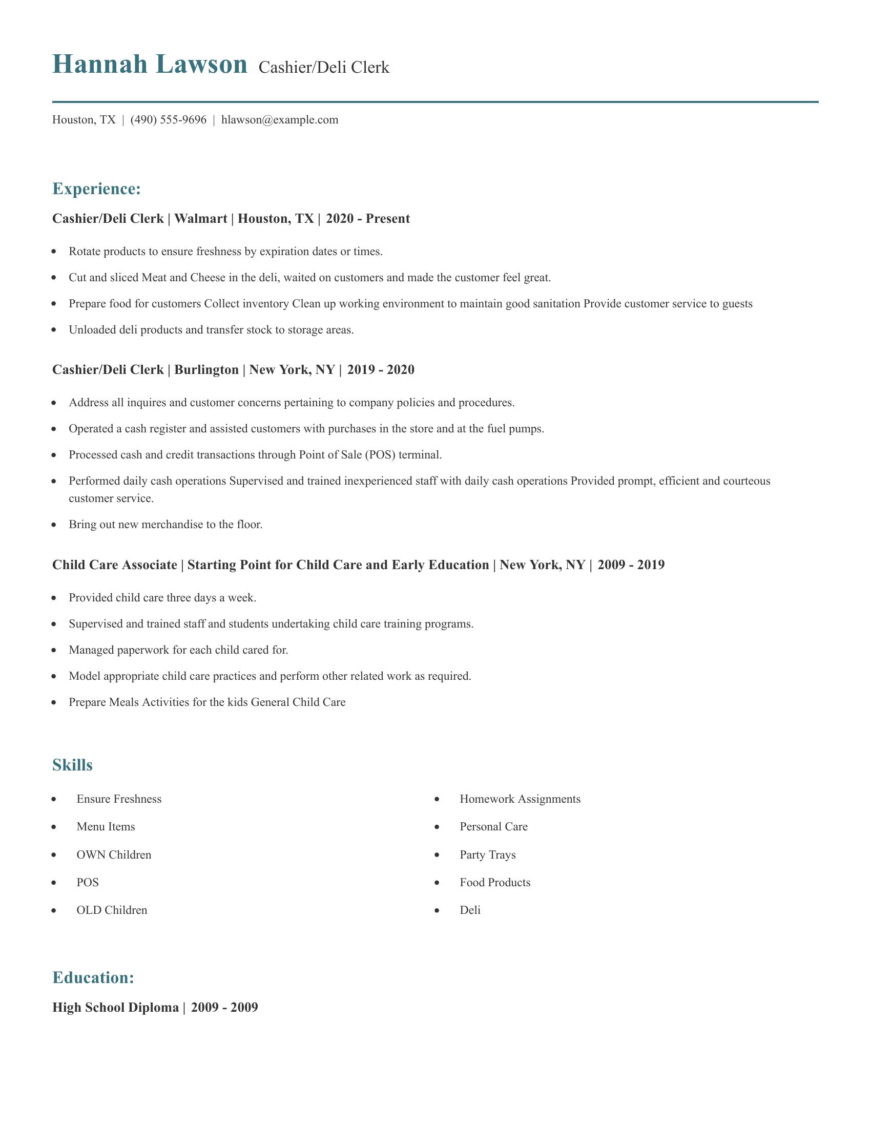 Cashier/Deli Clerk resume example