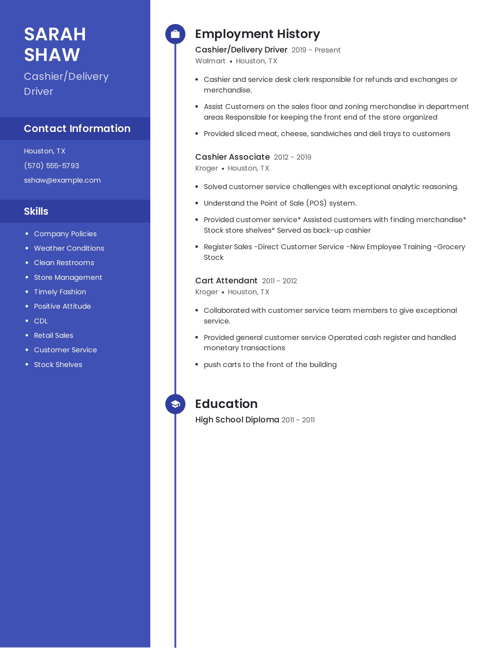 Cashier/Delivery Driver resume example
