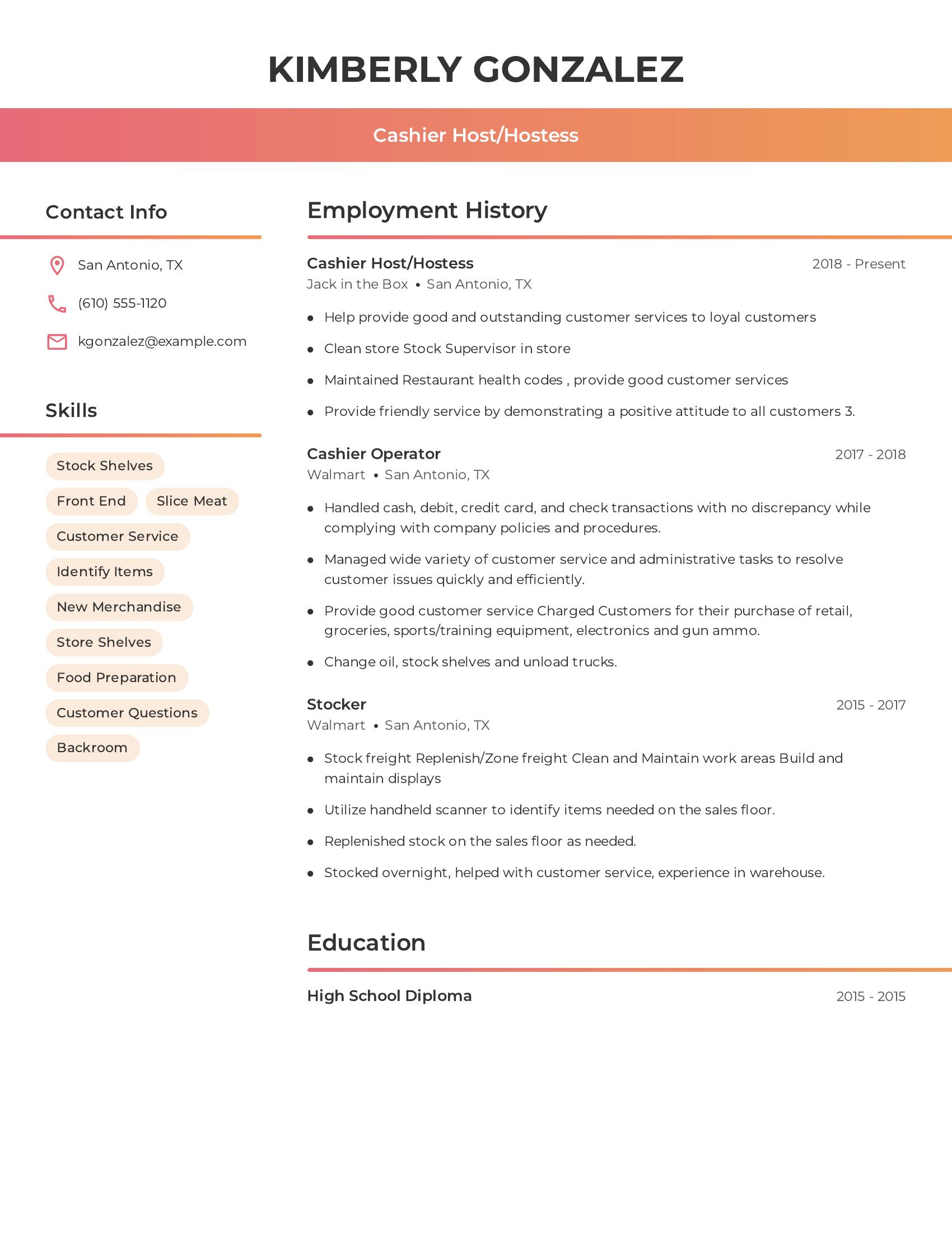 Cashier Host/Hostess resume example