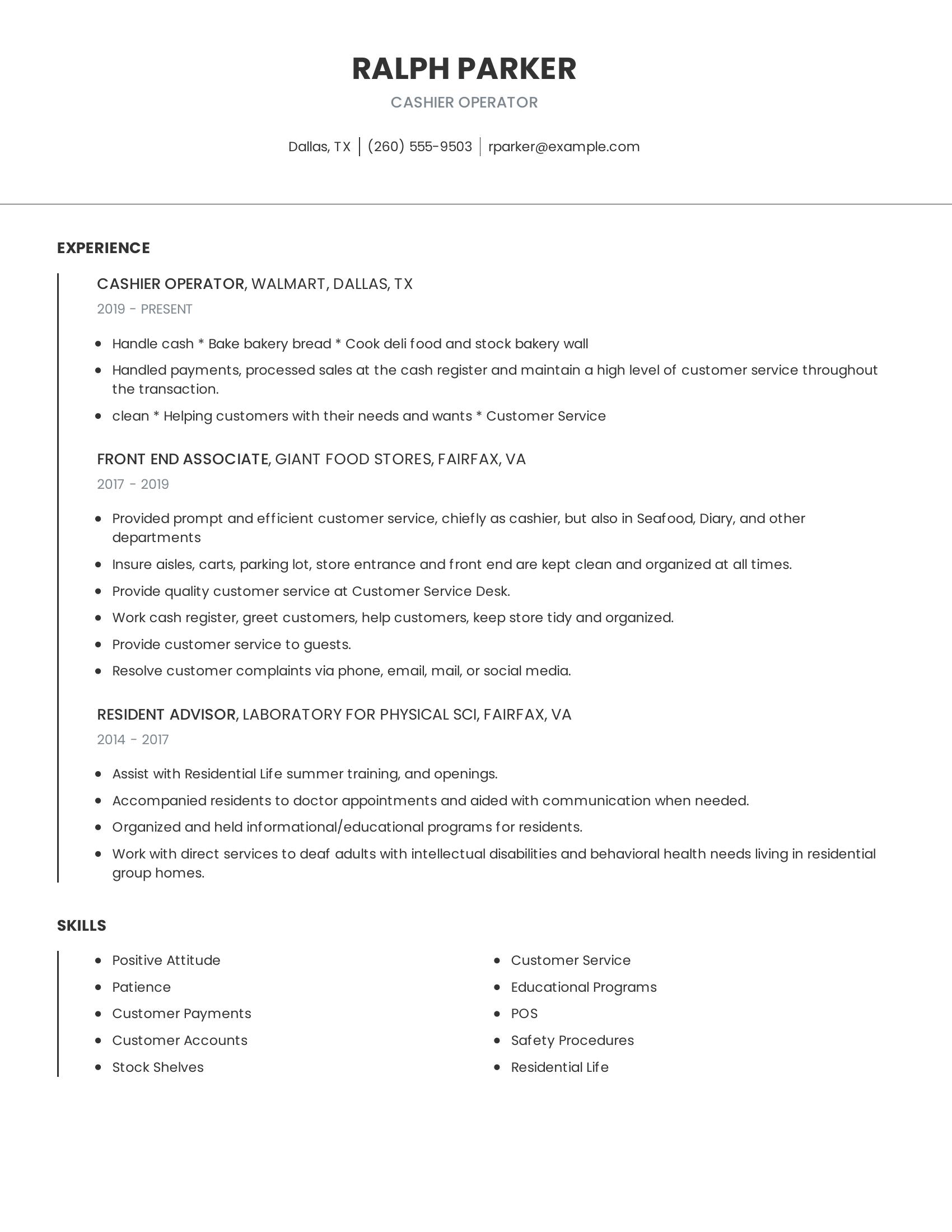 Cashier Operator resume example