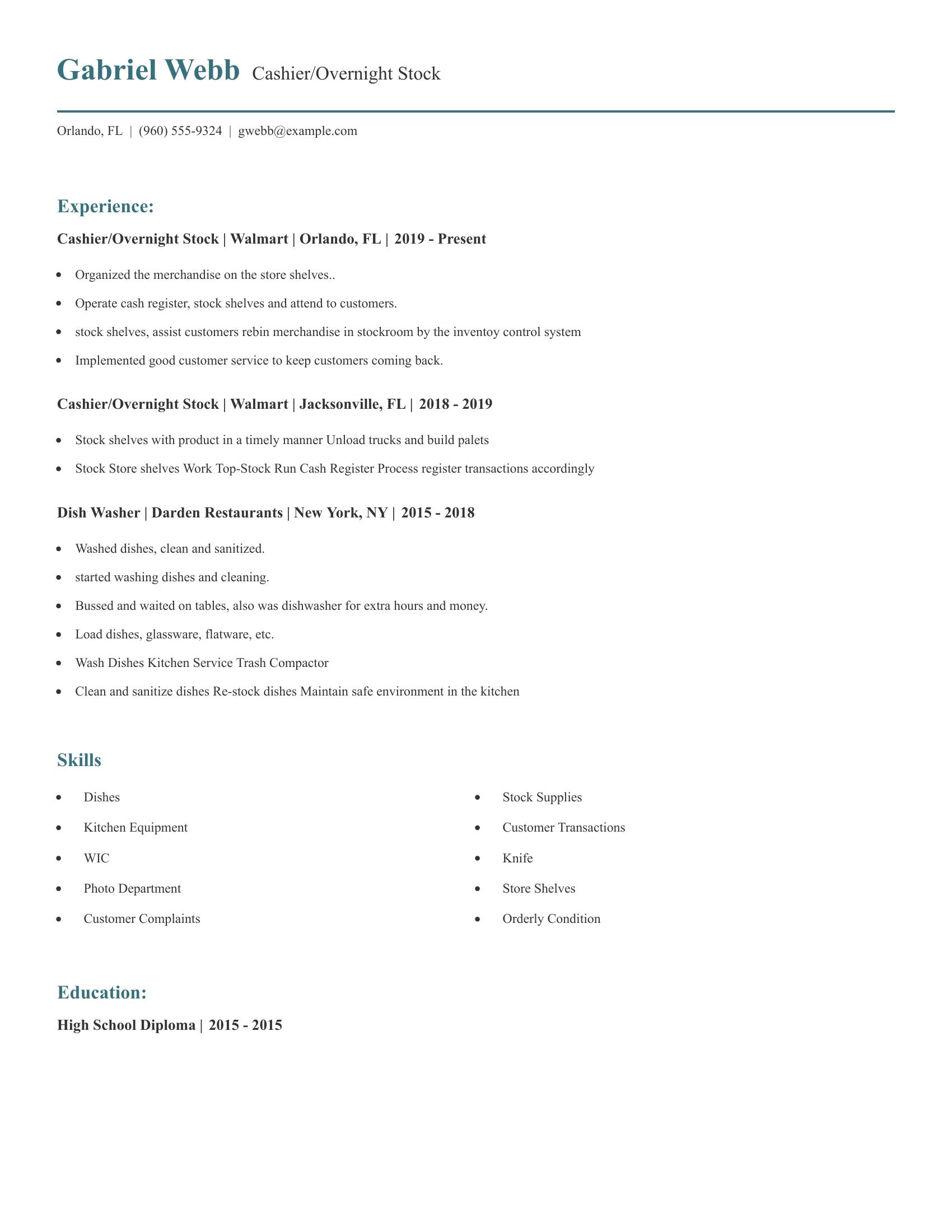 Cashier/Overnight Stock resume example