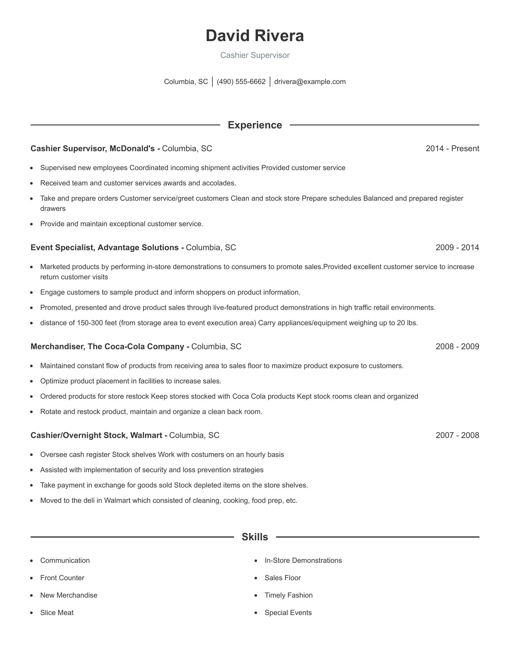 Cashier Supervisor resume example