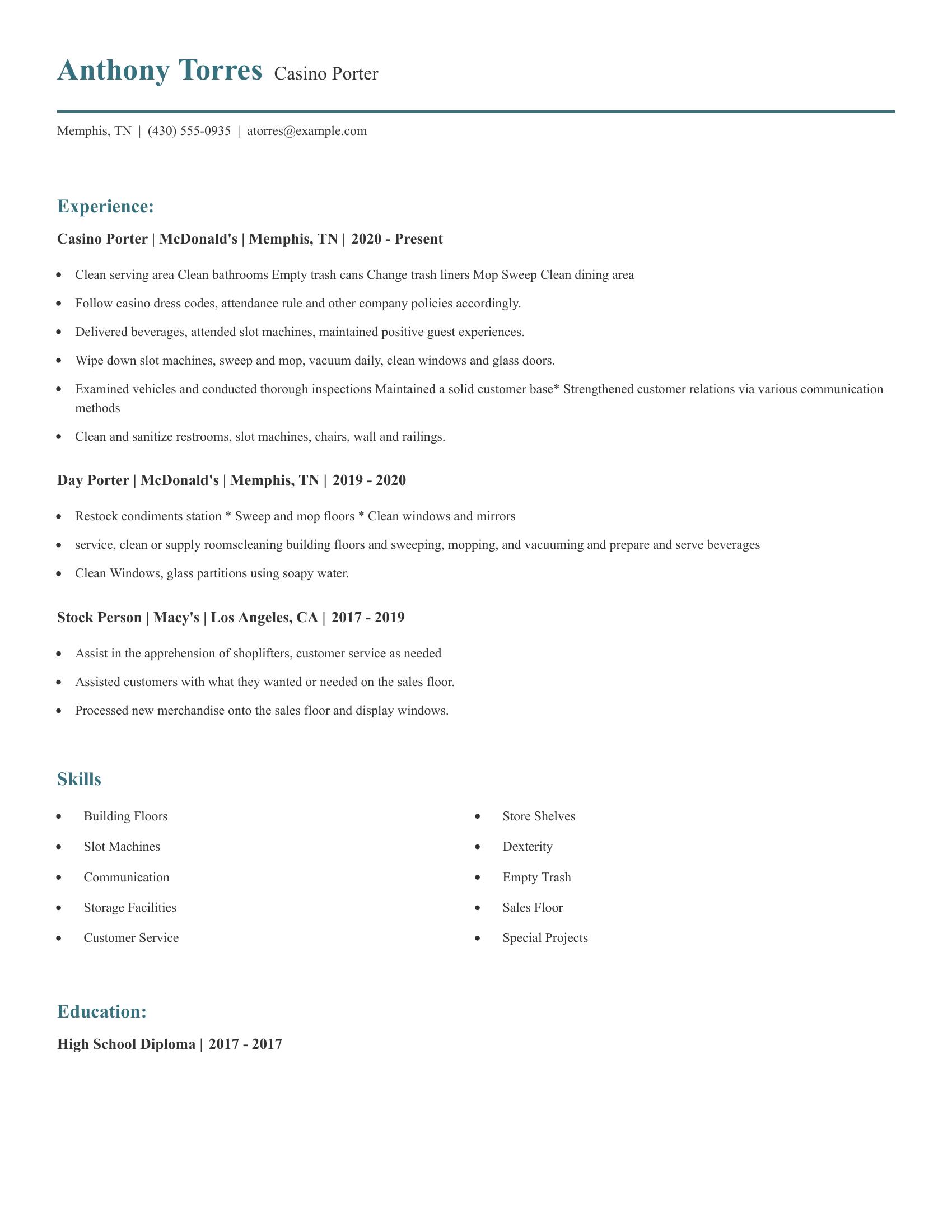 Casino Porter resume example