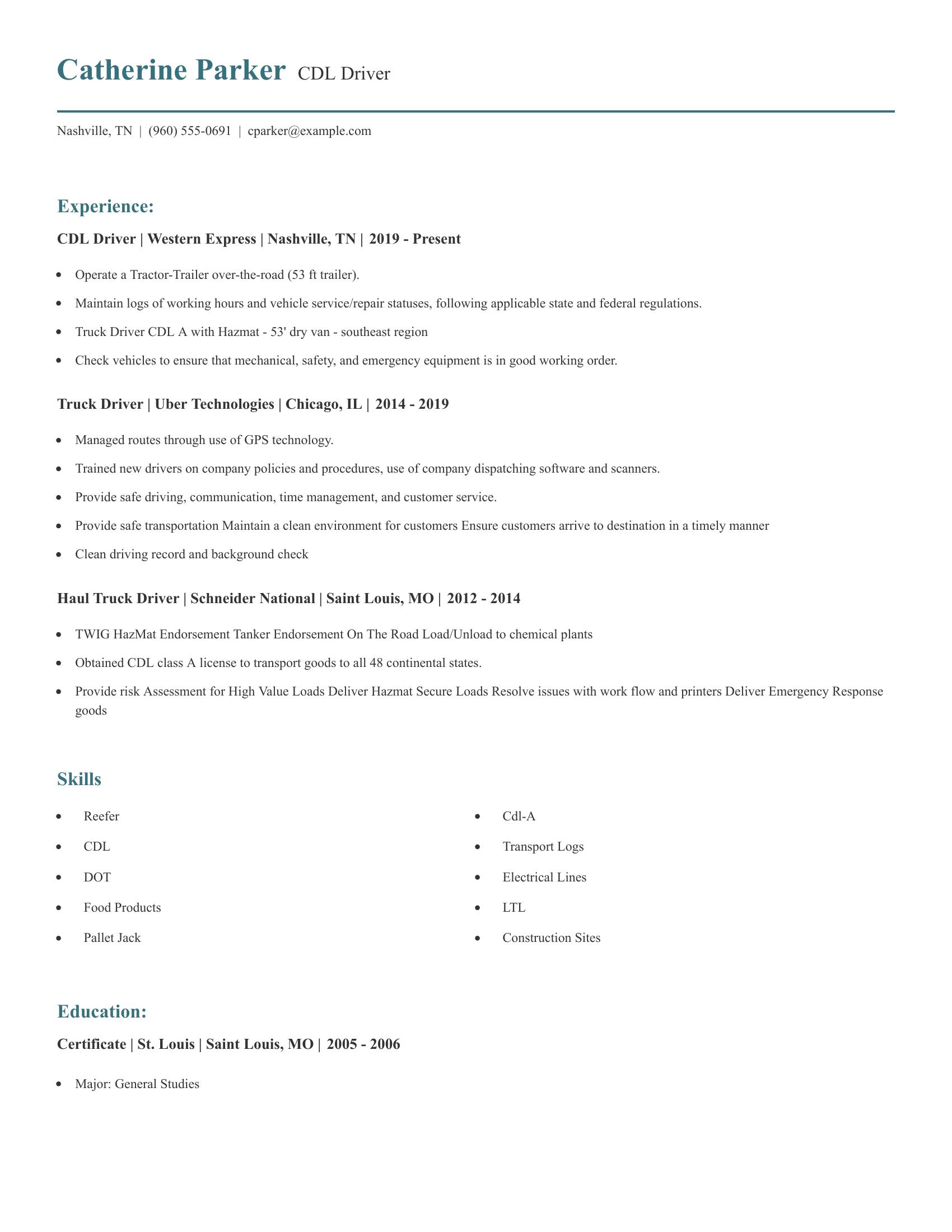 CDL Driver resume example