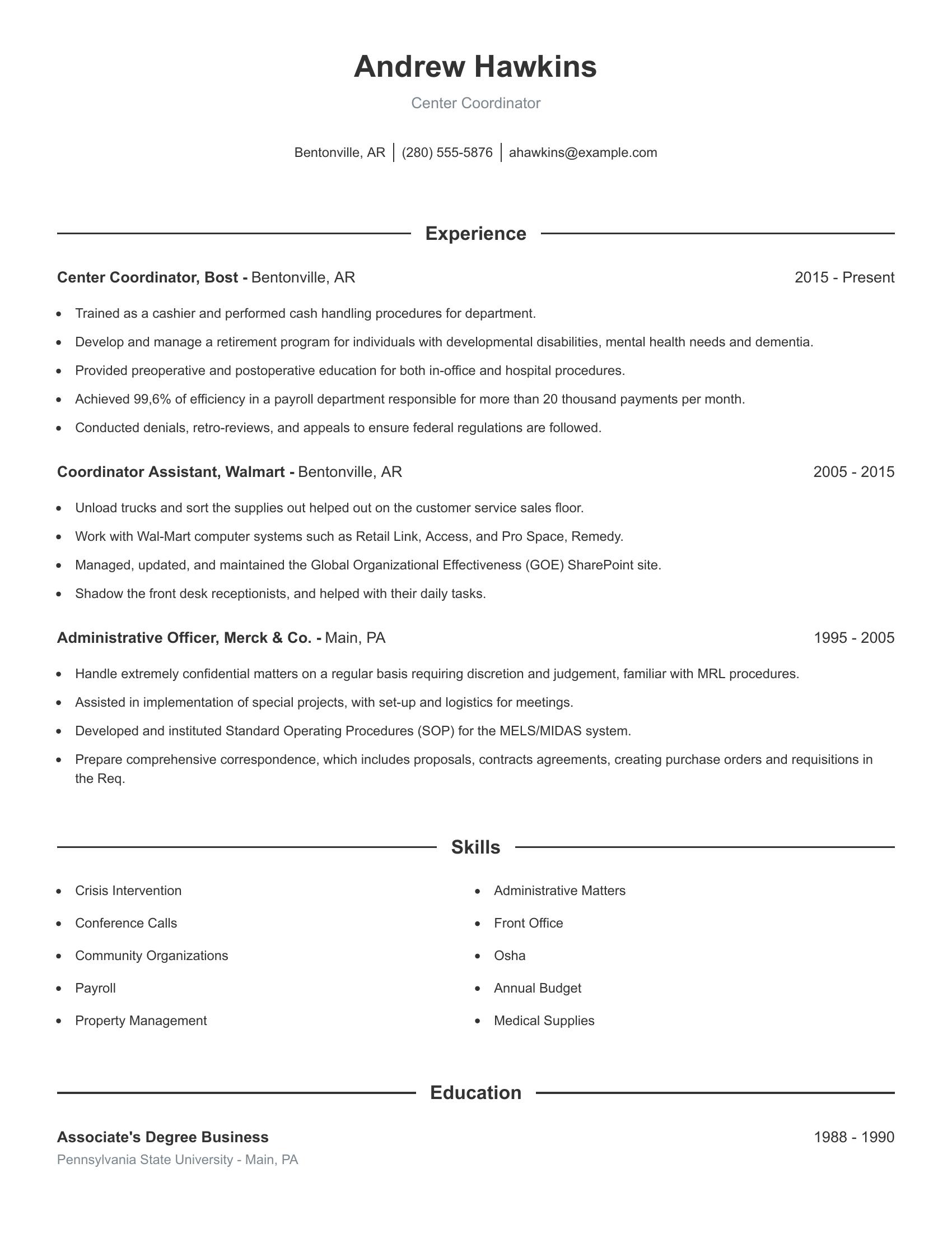 Center Coordinator resume example