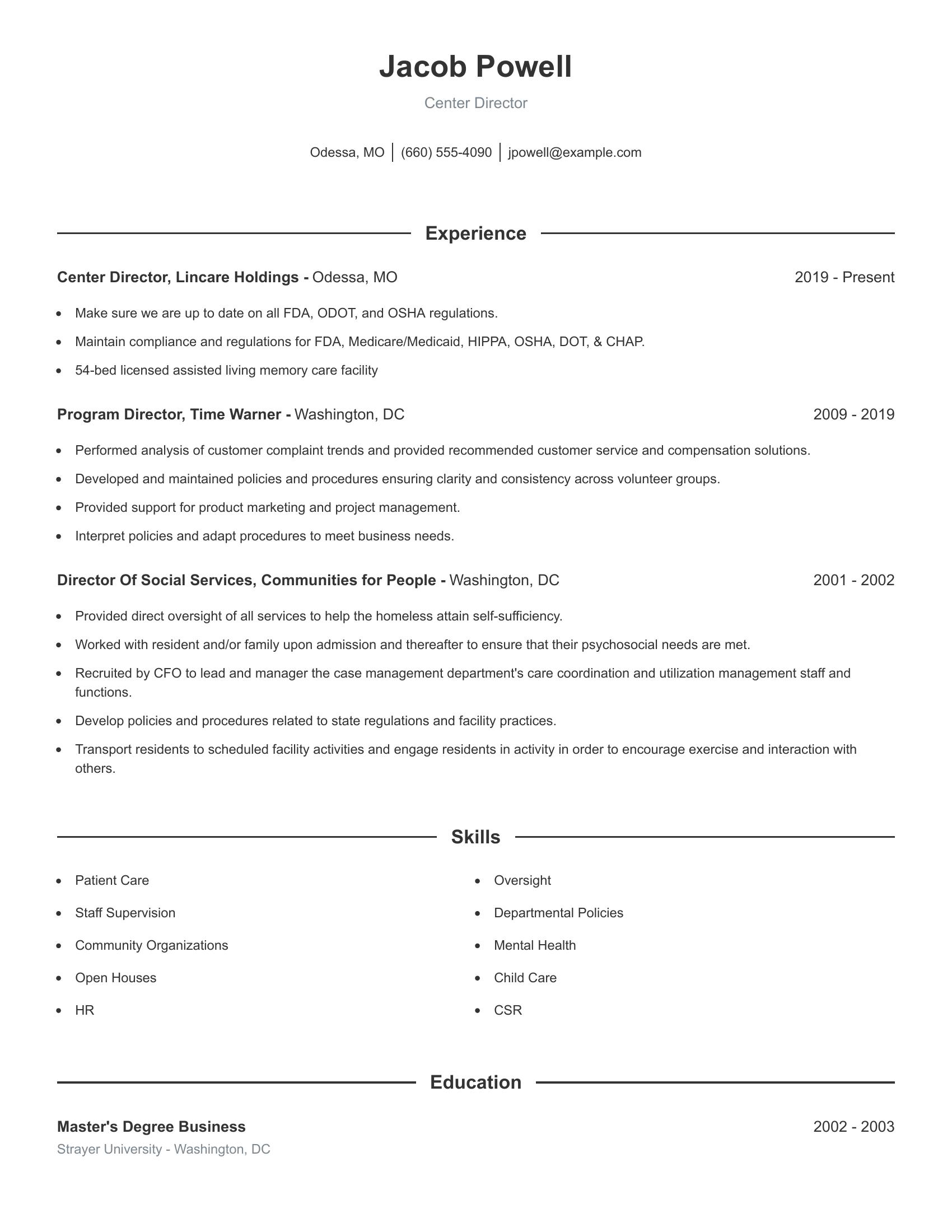 Center Director resume example