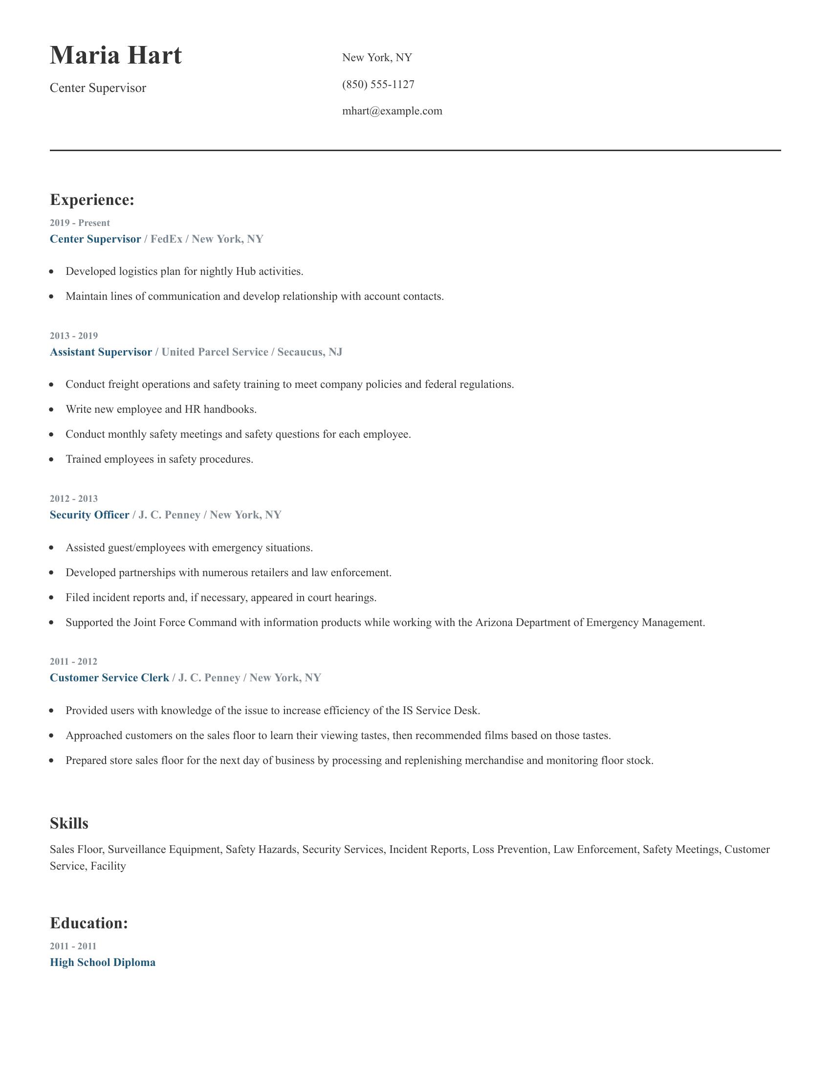 Center Supervisor resume example