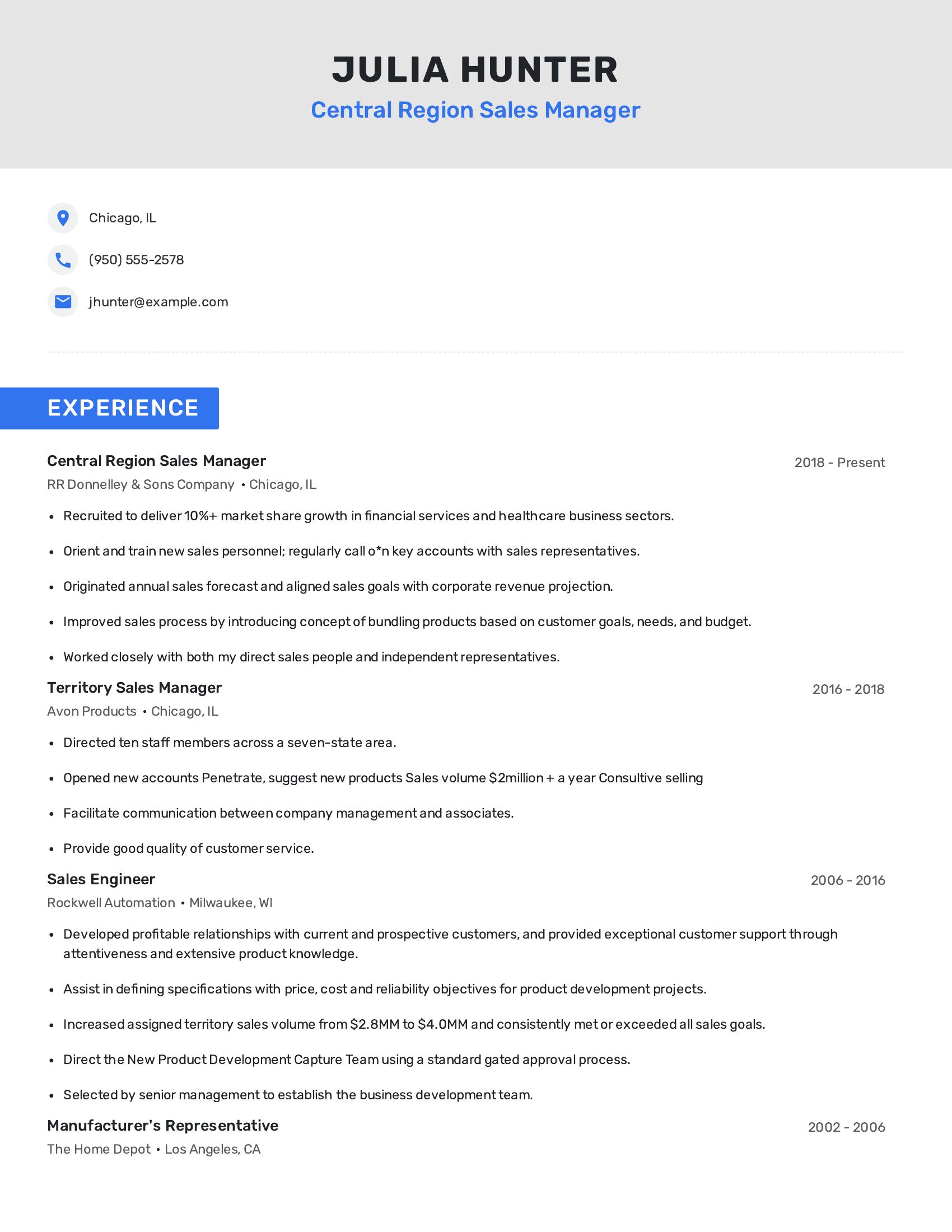 Central Region Sales Manager resume example