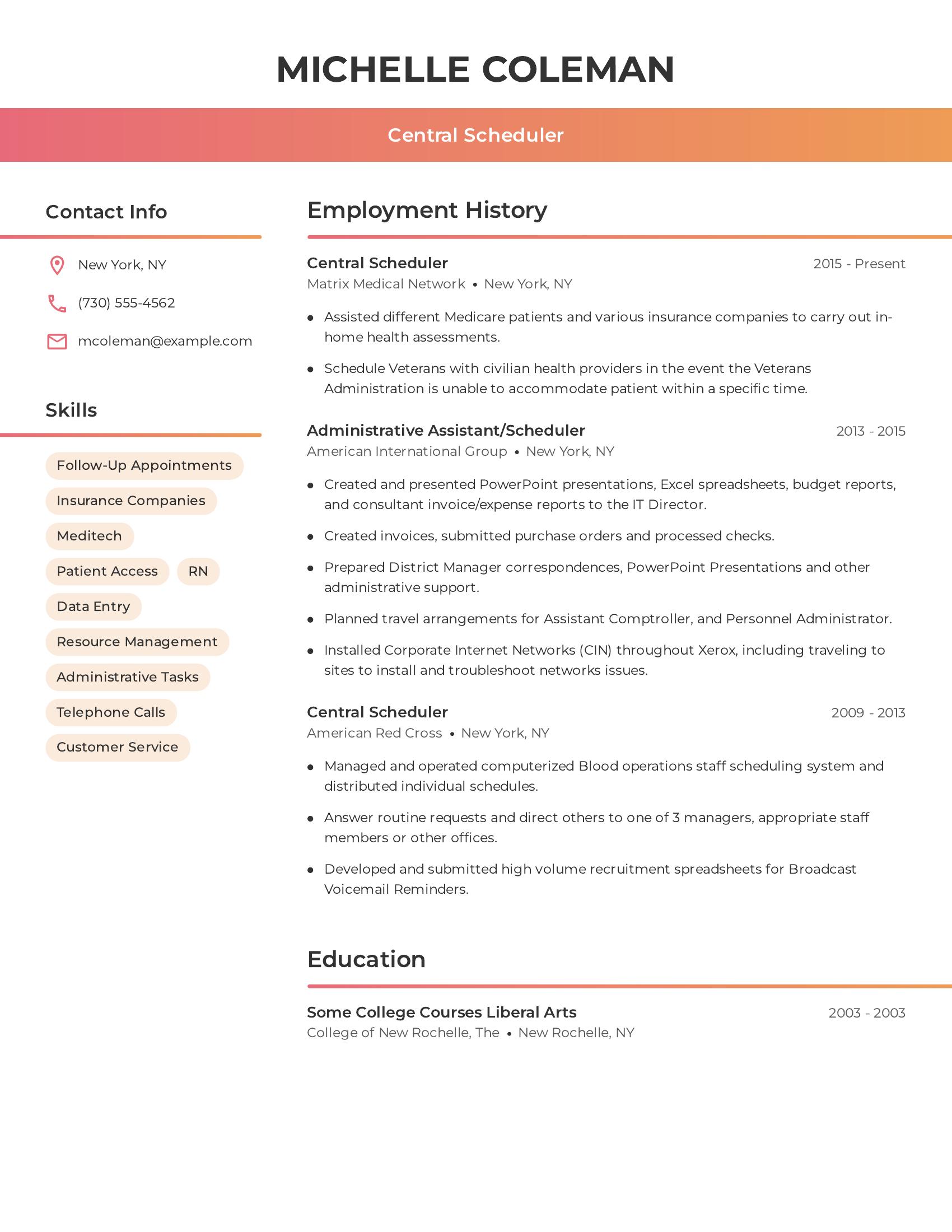 Central Scheduler resume example