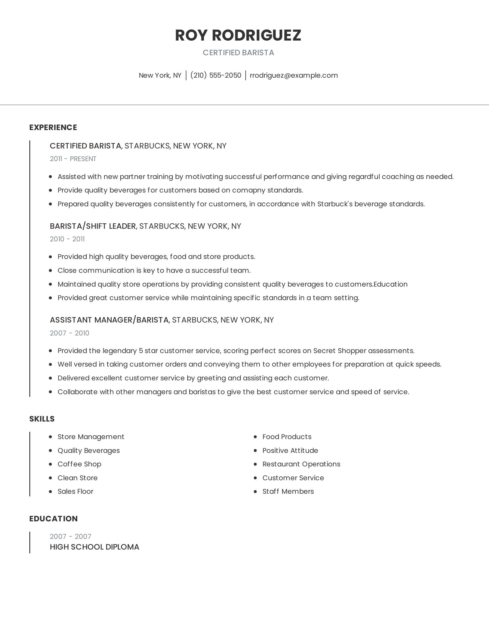 Certified Barista resume example