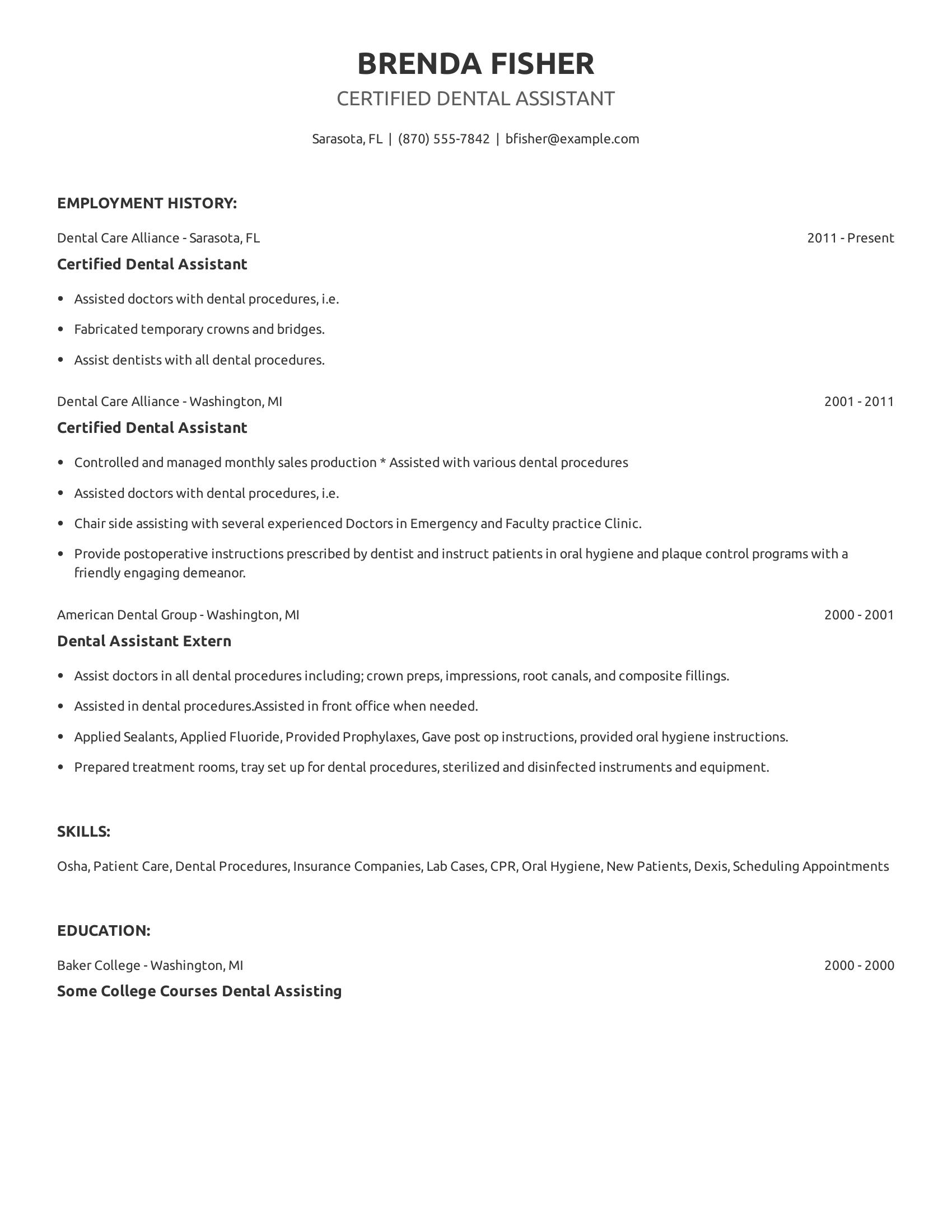 Certified Dental Assistant resume example