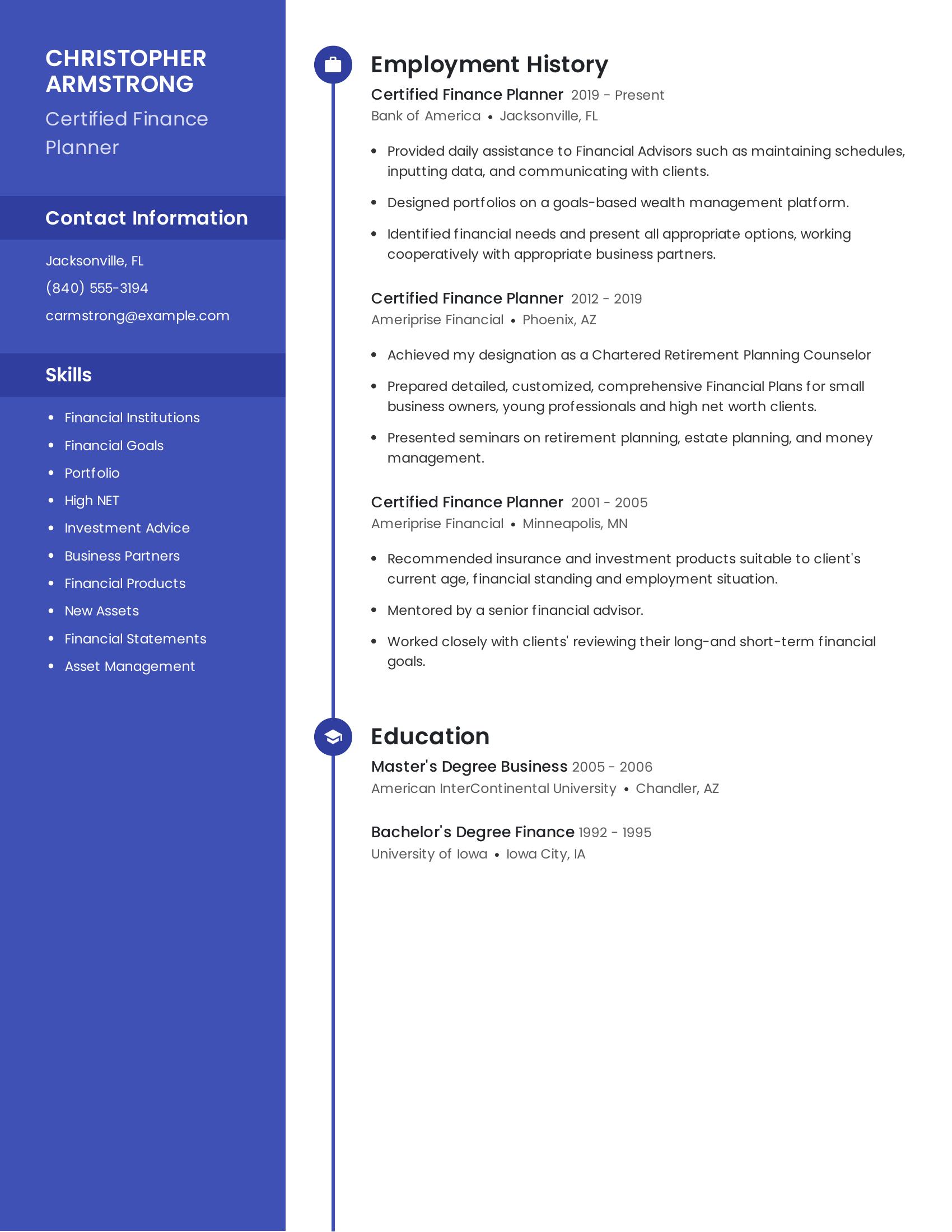 Certified Finance Planner resume example