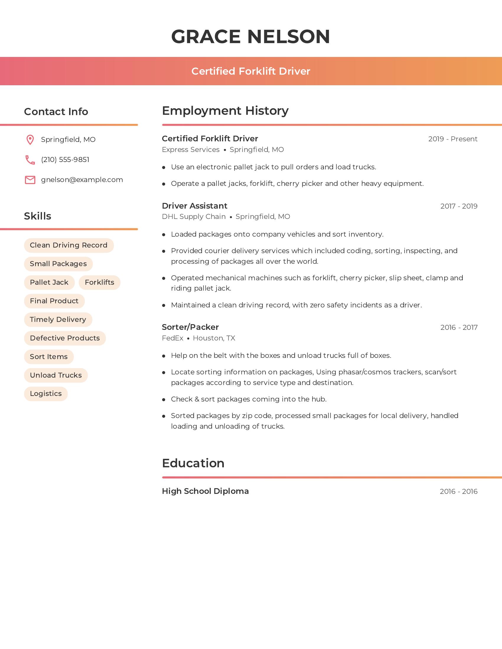 Certified Forklift Driver resume example