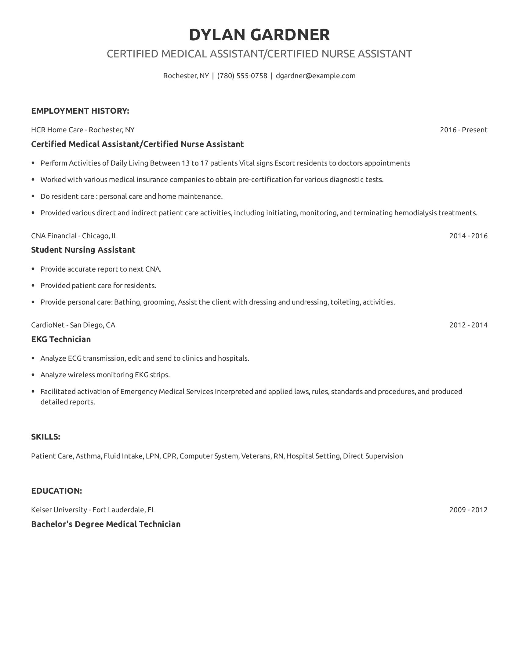 Certified Medical Assistant/Certified Nurse Assistant resume example