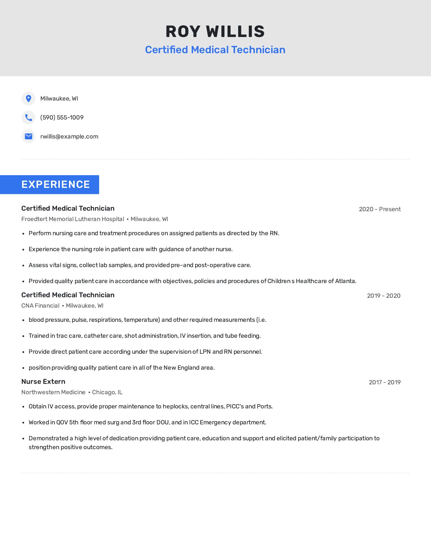 Certified Medical Technician resume example