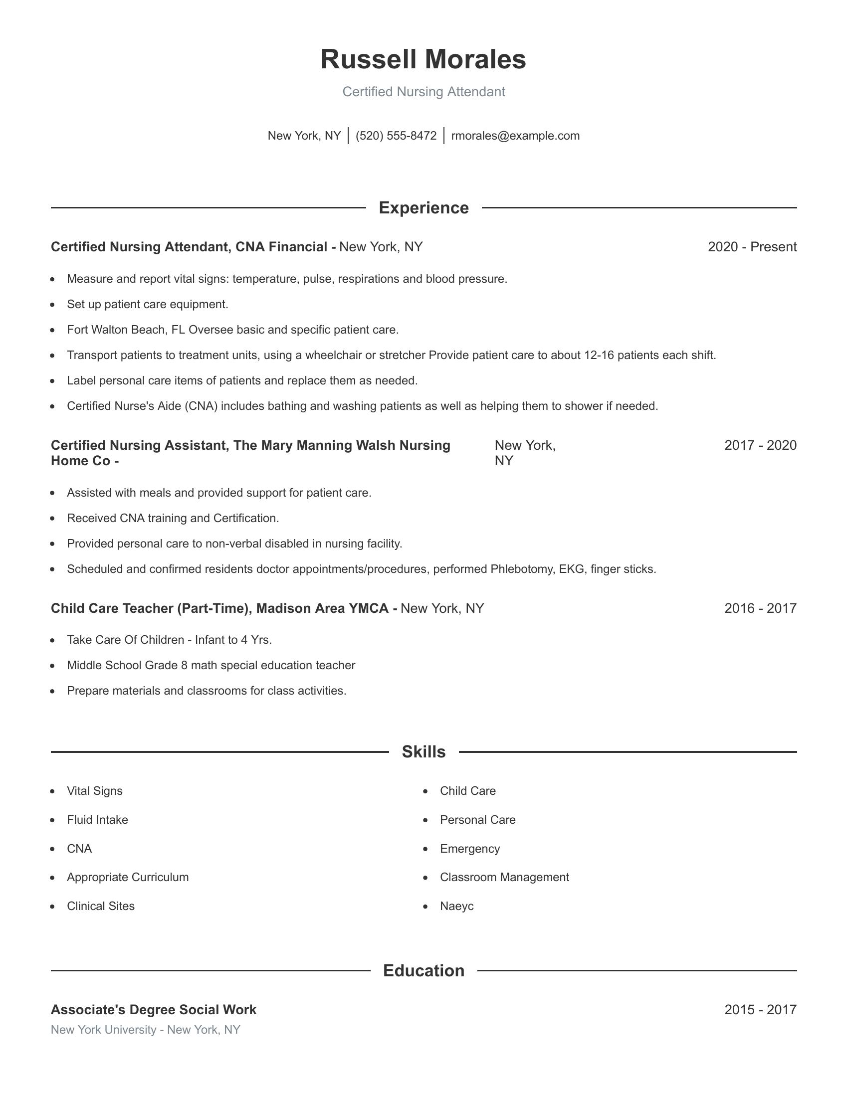 Certified Nursing Attendant resume example