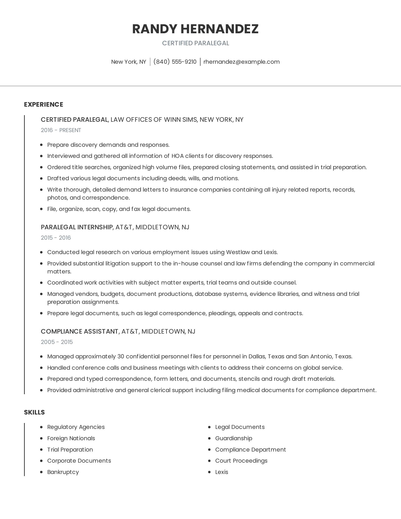 Certified Paralegal resume example