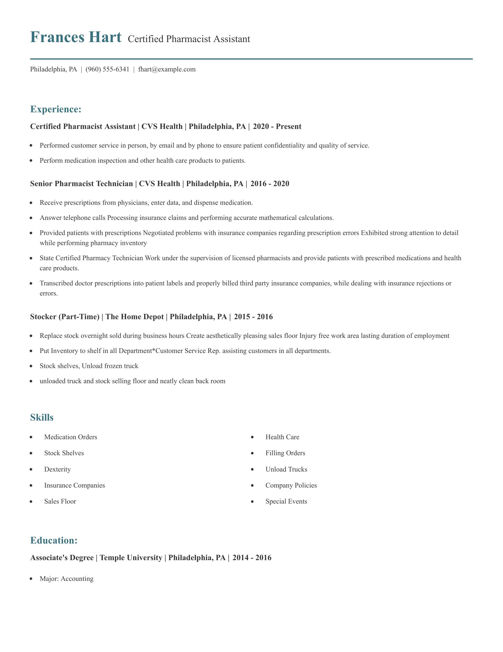 Certified Pharmacist Assistant resume example