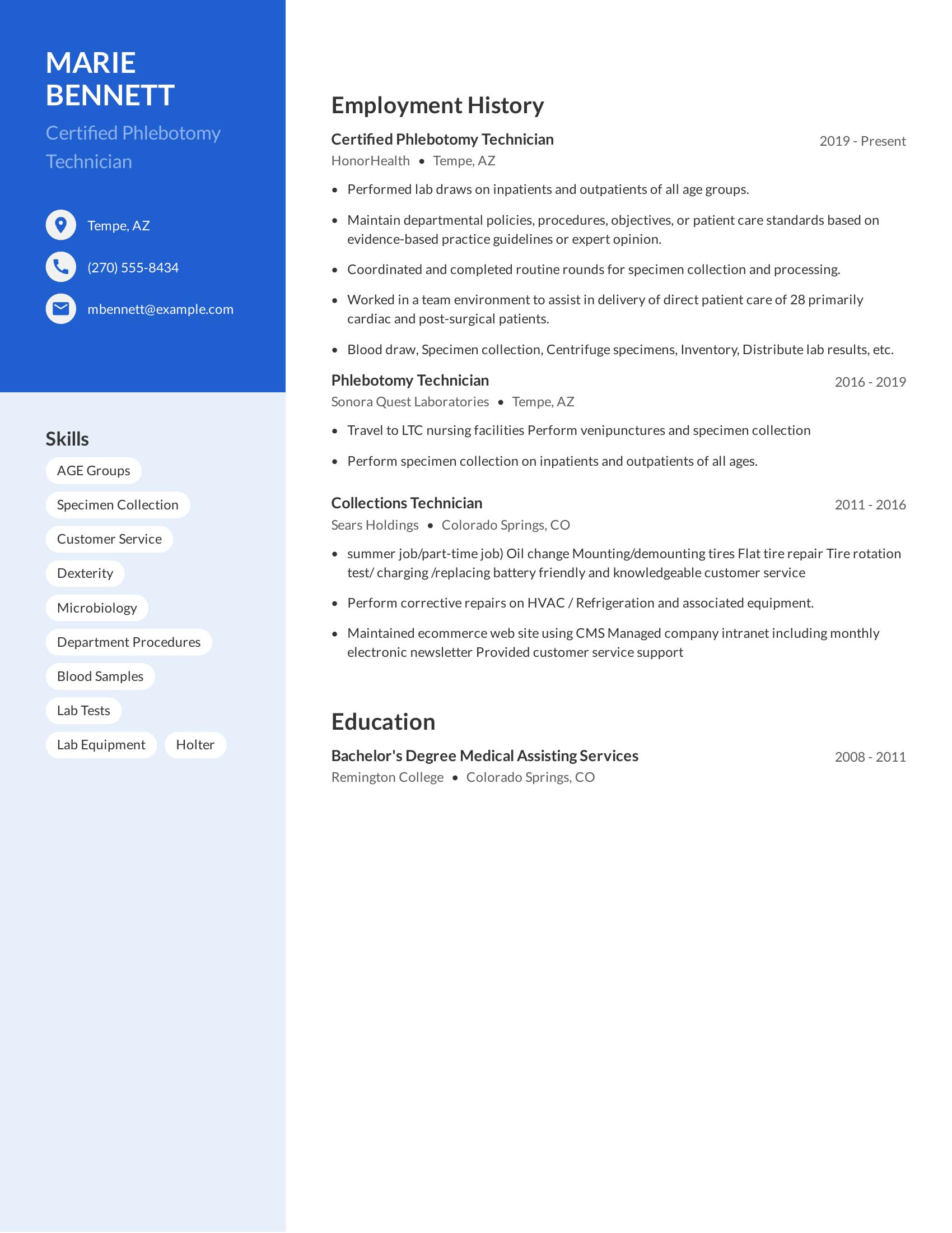 Certified Phlebotomy Technician resume example