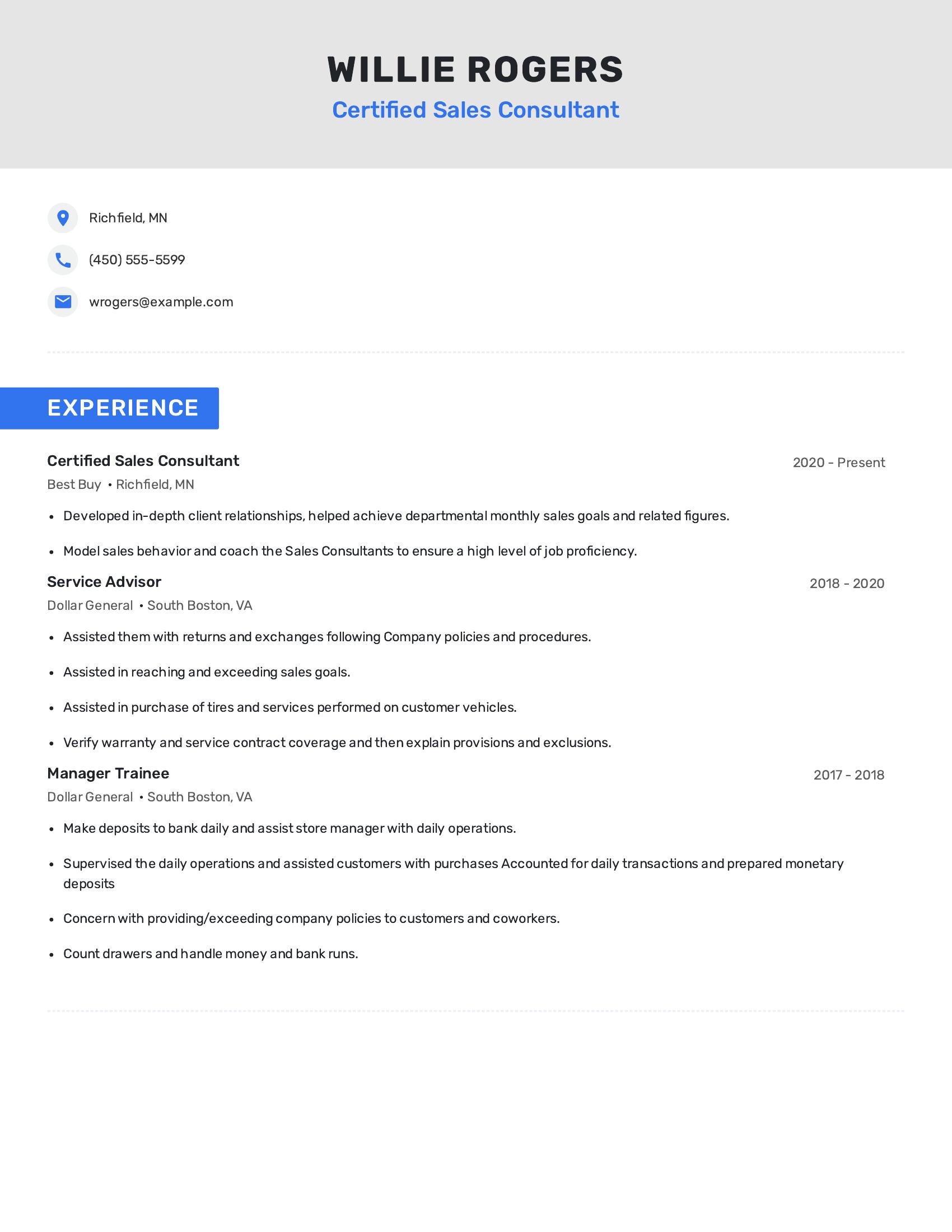 Certified Sales Consultant resume example