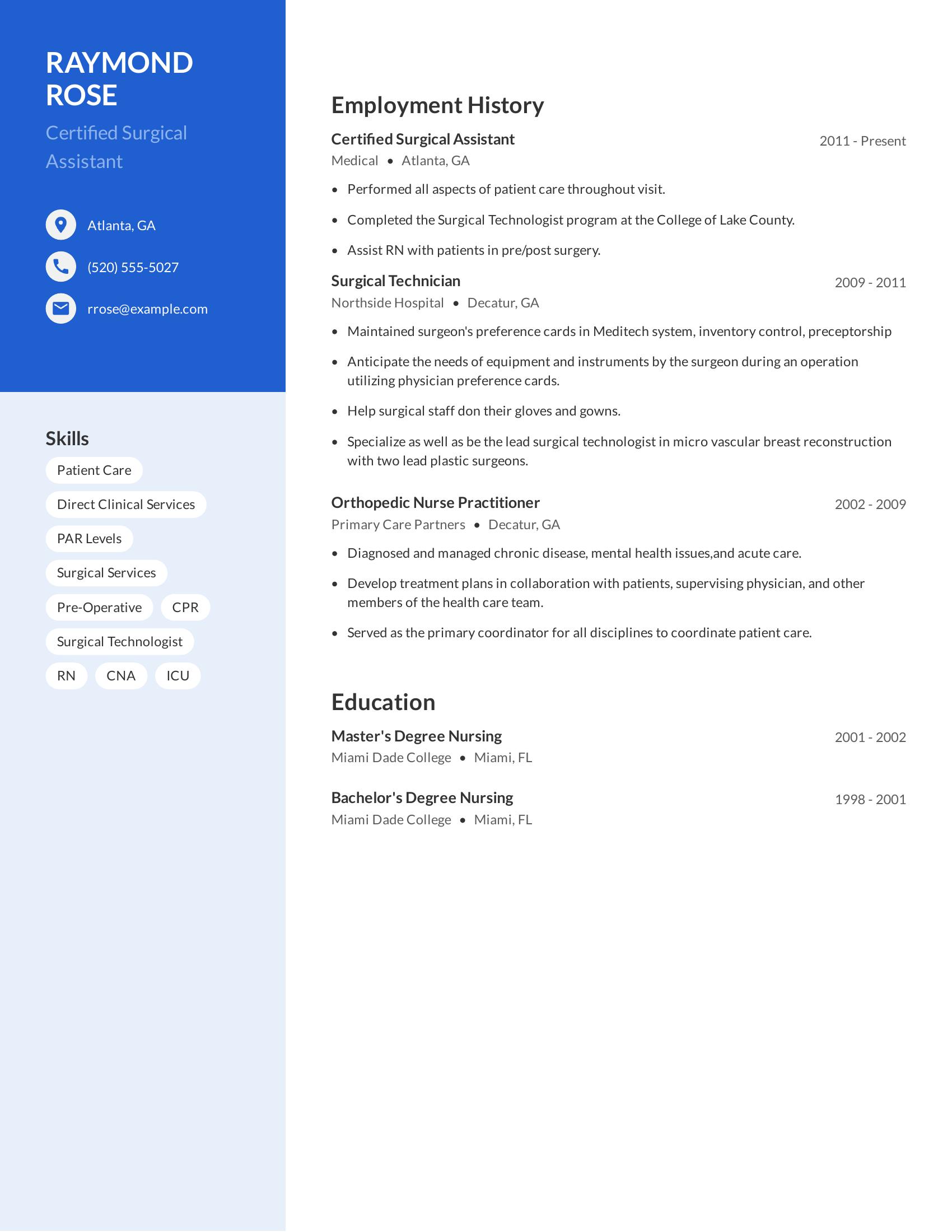 Certified Surgical Assistant resume example