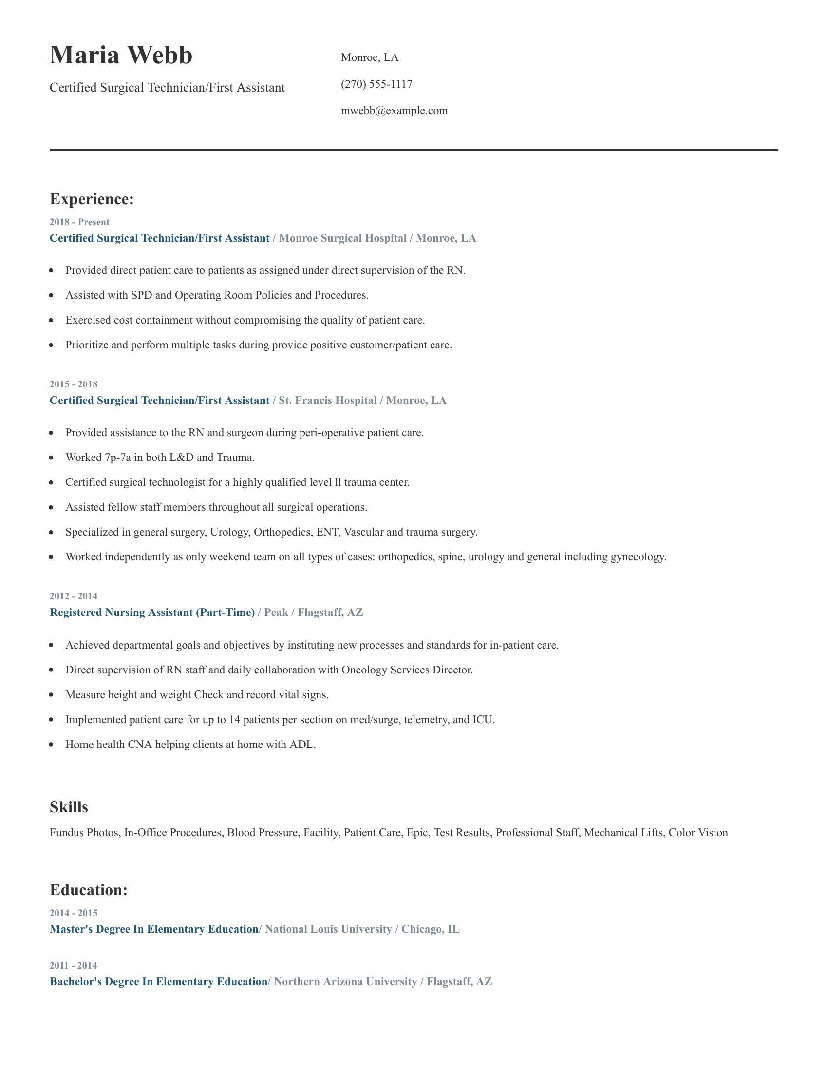 Certified Surgical Technician/First Assistant resume example