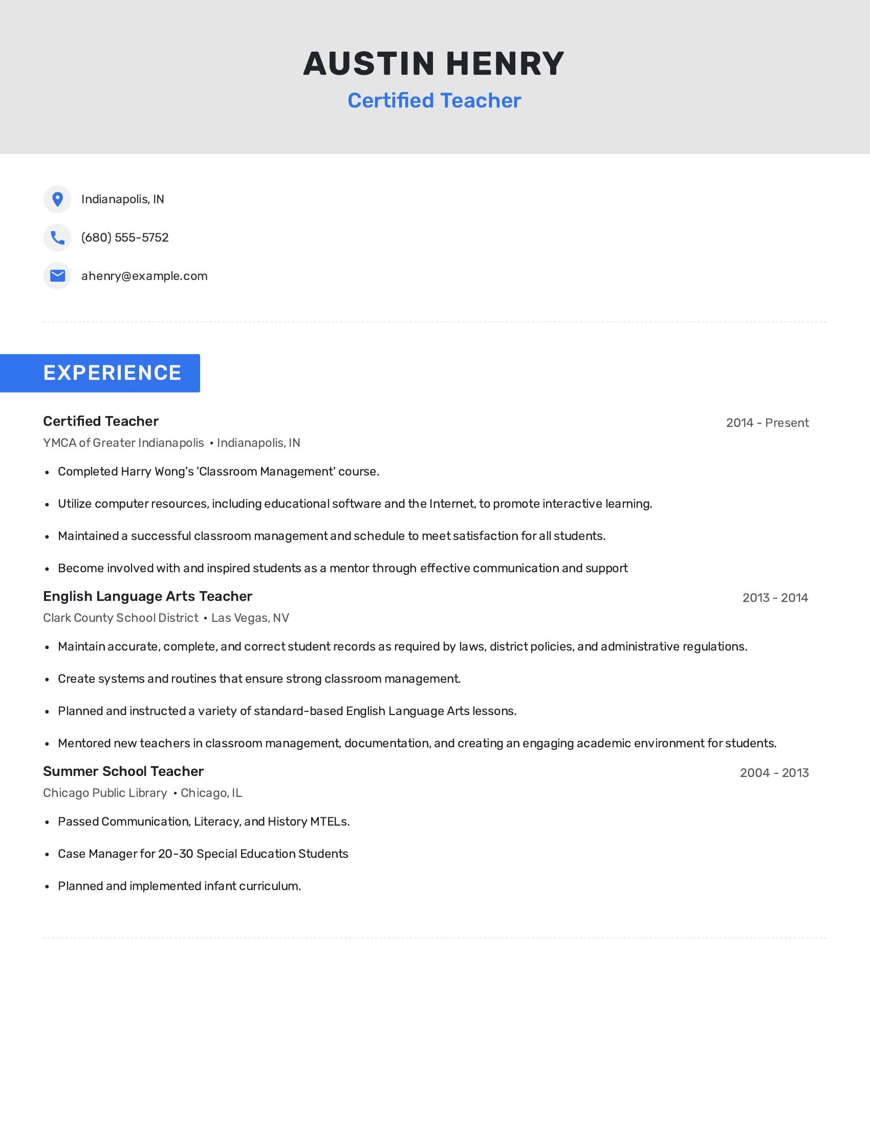 Certified Teacher resume example